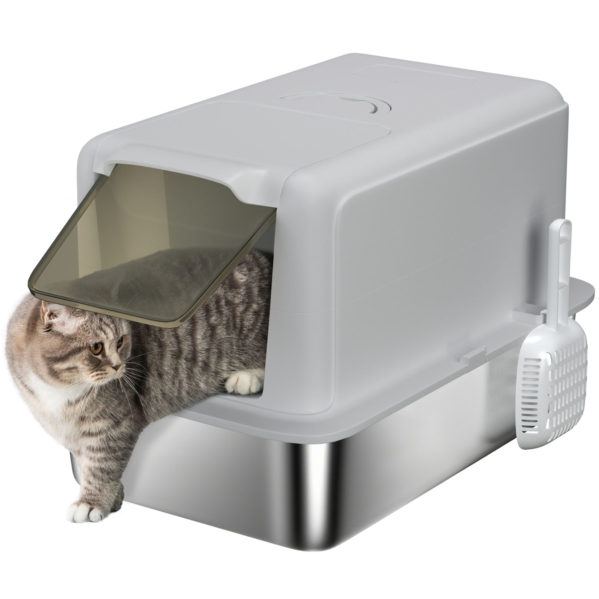 Stainless Steel Cat Litter Box with Removable Lid, Scoop, Filter Bags, for Larger Cats, White (Drop Shipping Only, Not for Amazon)