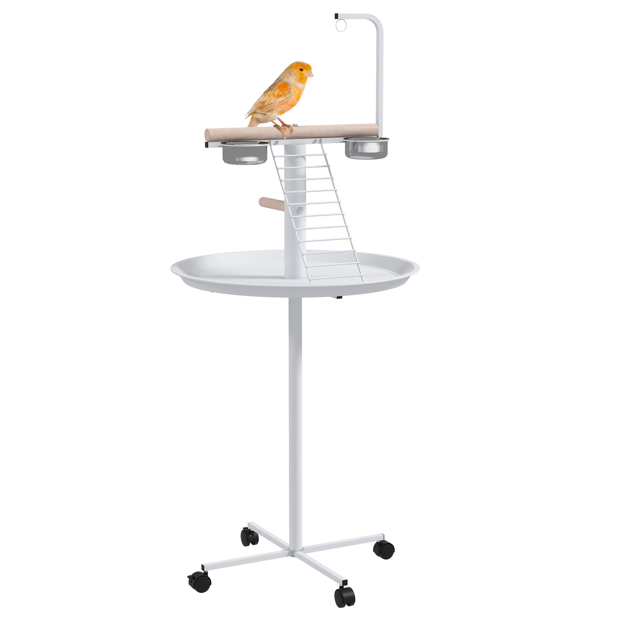 Bird Stand with Four Wheels, Perches, Stainless Steel Feed Bowls, Round Tray, for Garden, Indoor, Outdoor - White (Drop Shipping Only, Not for Amazon)