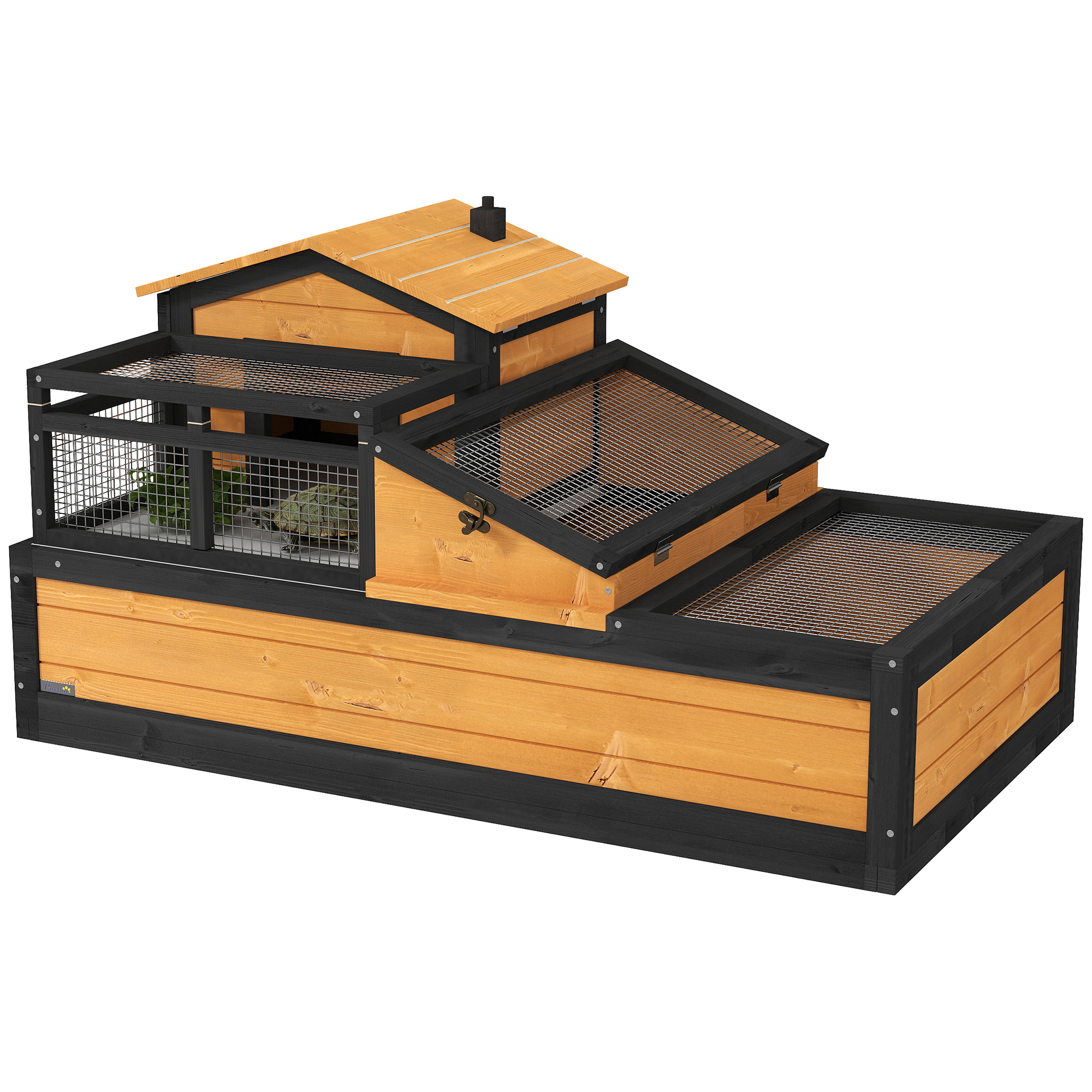 Wooden Tortoise House with Balcony, Tray, Roof, for Indoor and Outdoor, Yellow (Drop Shipping Only, Not for Amazon)