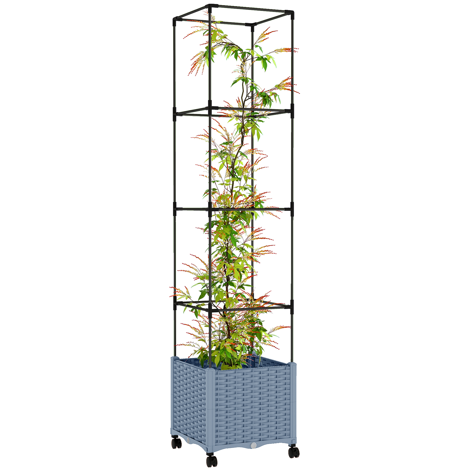 Raised Garden Bed with Trellis, Tomato Cage with Lockable Wheels, Self Watering Planter Box with Drainage Holes, Gray (Drop Shipping Only, Not for Amazon)
