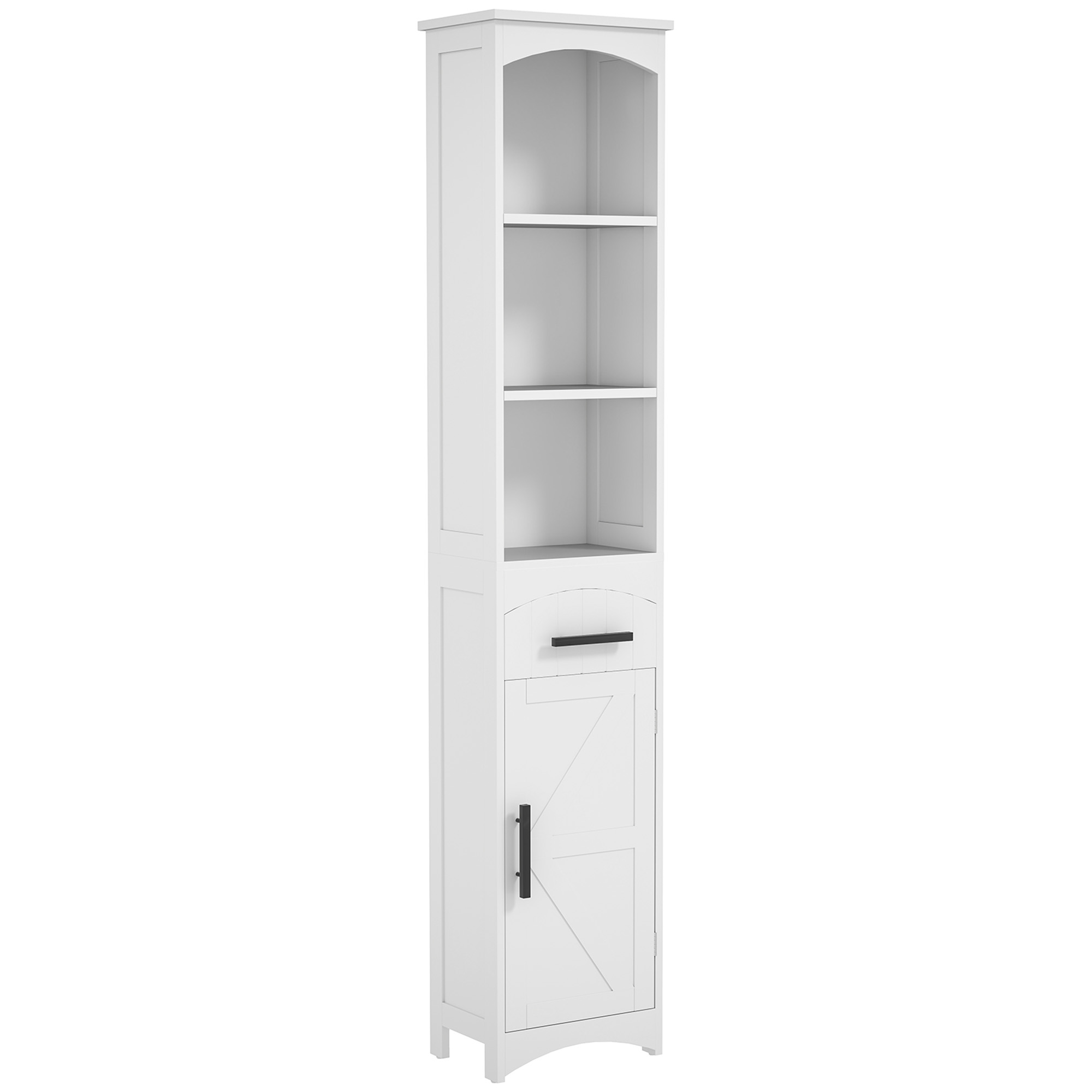 Farmhouse Tall Slim Bathroom Storage Cabinet with Recessed Drawer, Narrow Cabinet with Barn Door, White (Drop Shipping Only, Not for Amazon)