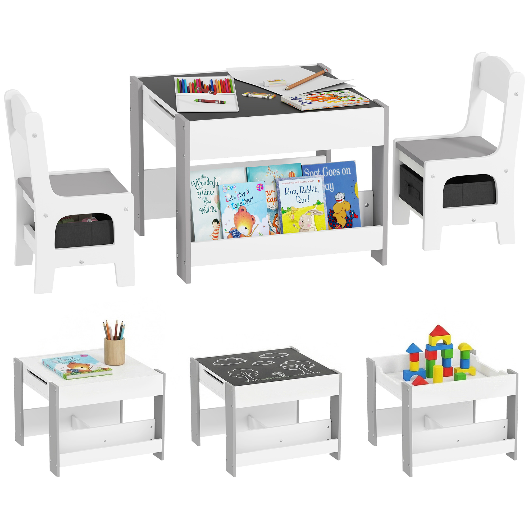 Three-Piece Kids Table and Chair Set with Blackboard, Storage, Bookshelves - Grey (Drop Shipping Only, Not for Amazon)