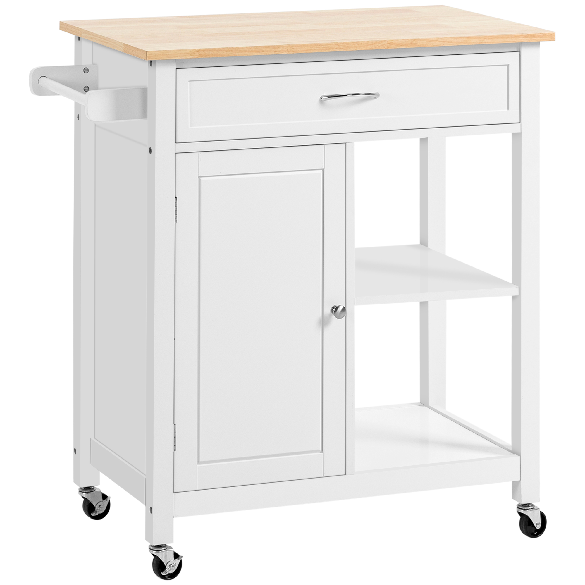 Kitchen Island Cart, Rolling Kitchen Island with Storage Shelf, Solid Wood Top, Drawer, for Dining Room, White (Drop Shipping Only, Not for Amazon)