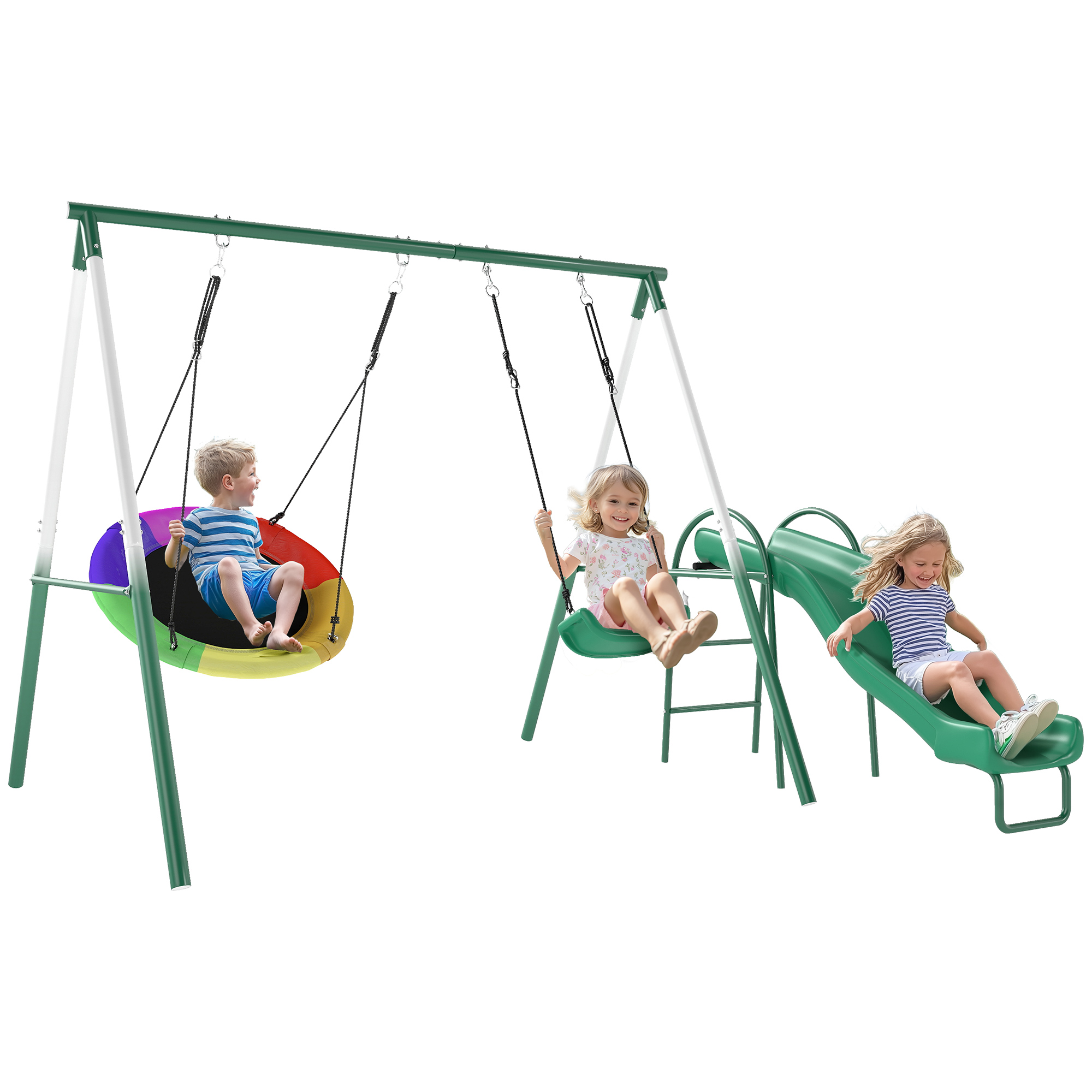 Metal Swing Set with Slide, Saucer Swing Seat, Heavy Duty A-Frame Stand and Adjustable Rope for Backyard, Dark Green (Drop Shipping Only, Not for Amazon)