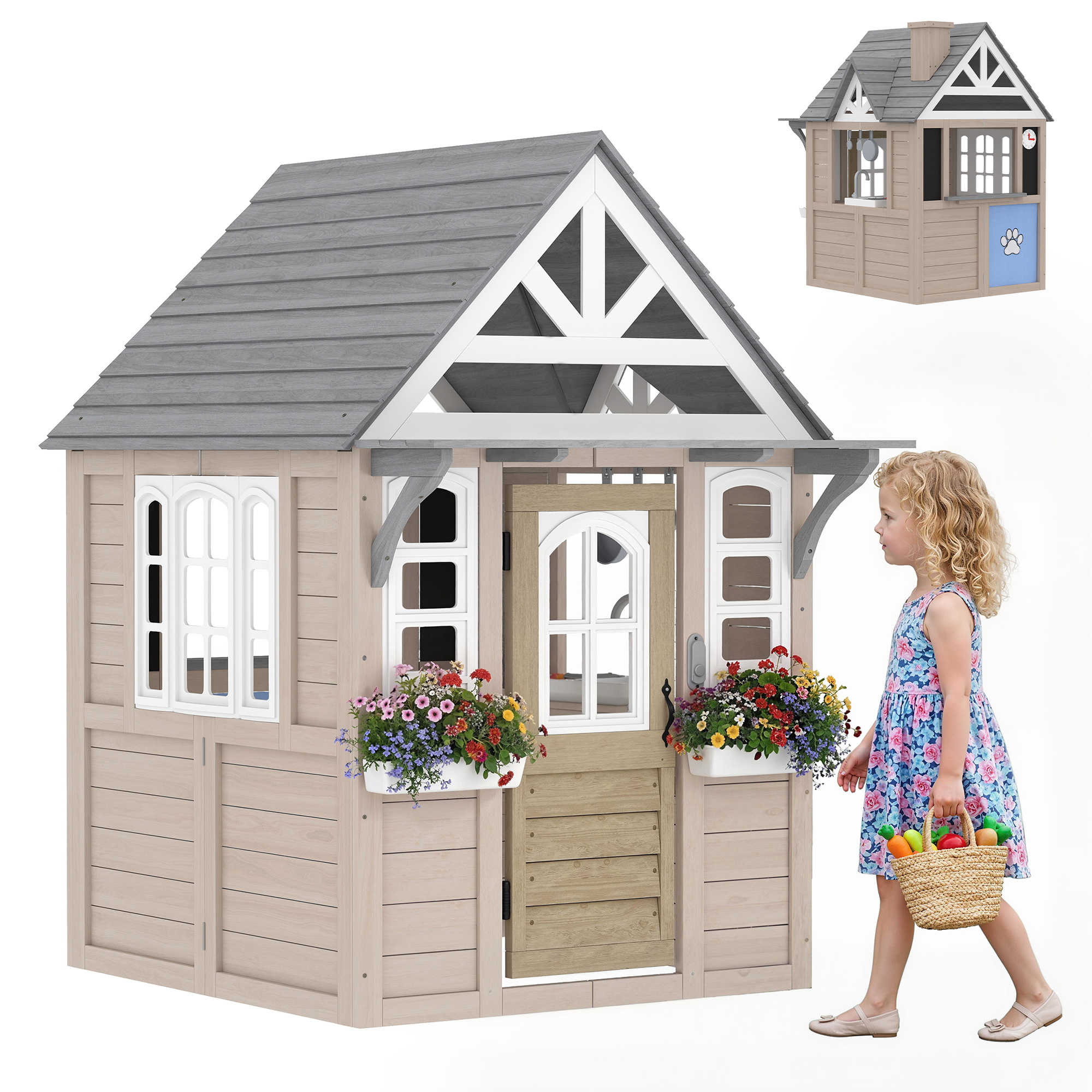 Outdoor Playhouse, Wooden Kids Playhouse with Dog Door, Cookware, Planter Box, Bell, Blackboard, Clock for Backyard (Drop Shipping Only, Not for Amazon)