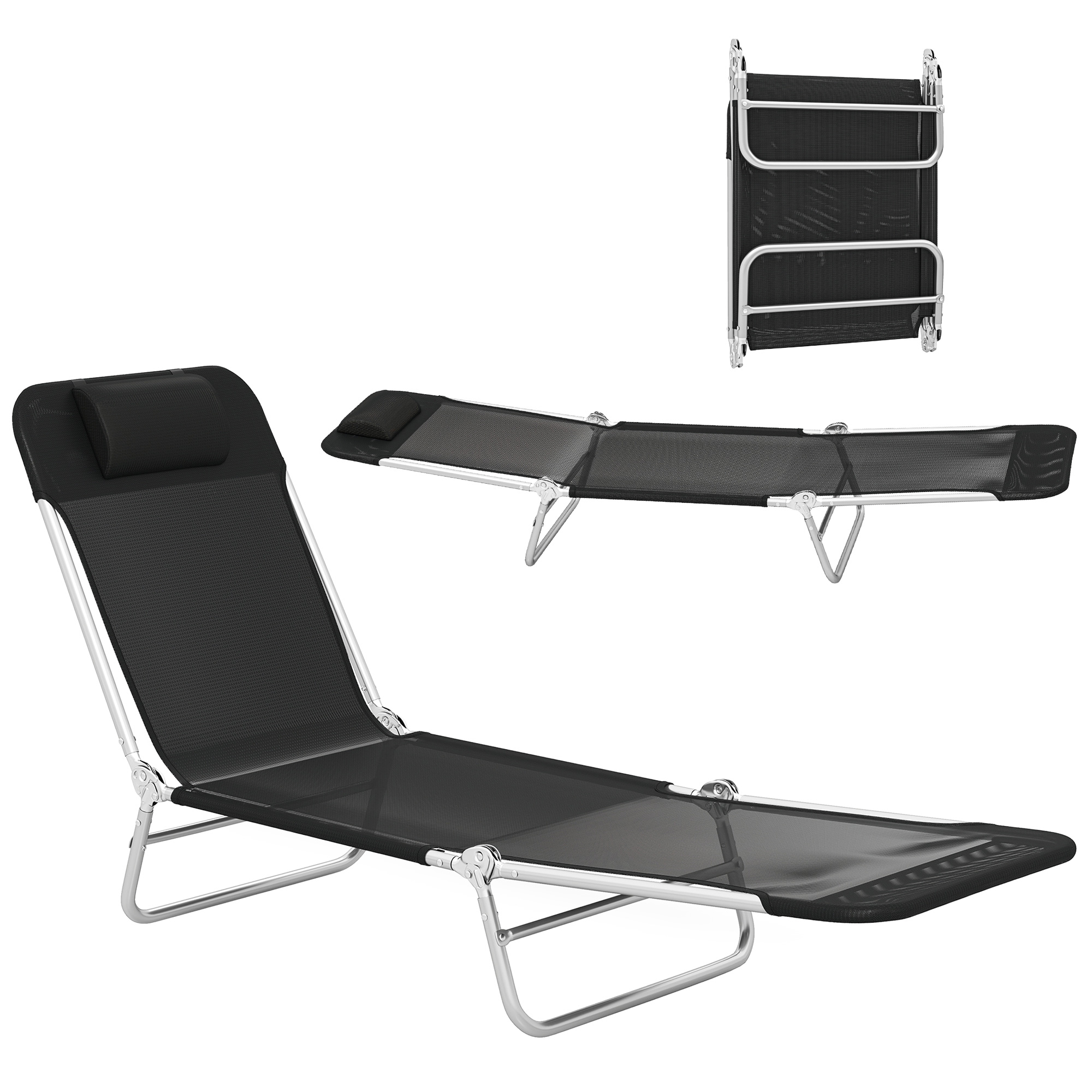 Folding Chaise Lounge Chair, Portable Tanning Chair with Adjustable Backrest, Pillow for Beach Poolside Patio, Black (Drop Shipping Only, Not for Amazon)