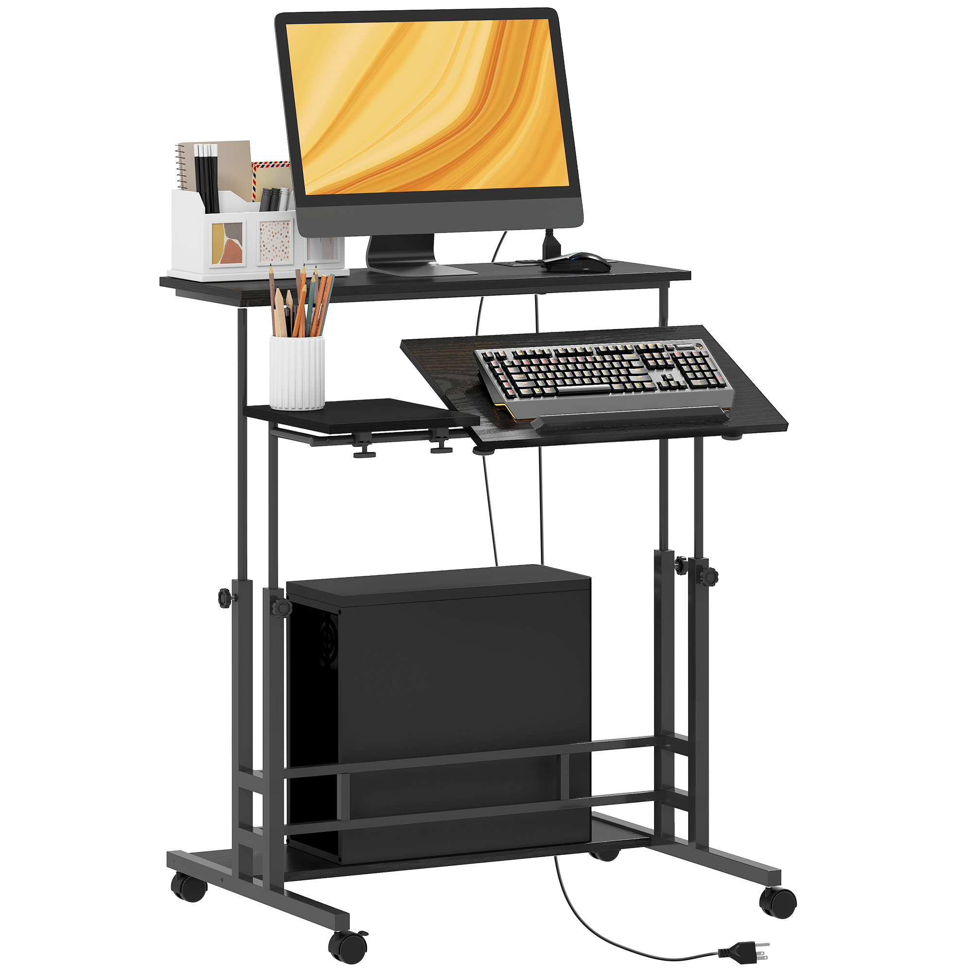 Adjustable Standing Desk with Power Outlets, Stand Up Desk with Tiltable Tabletop, Wheels, Shelf, for Home Office, Black (Drop Shipping Only, Not for Amazon)