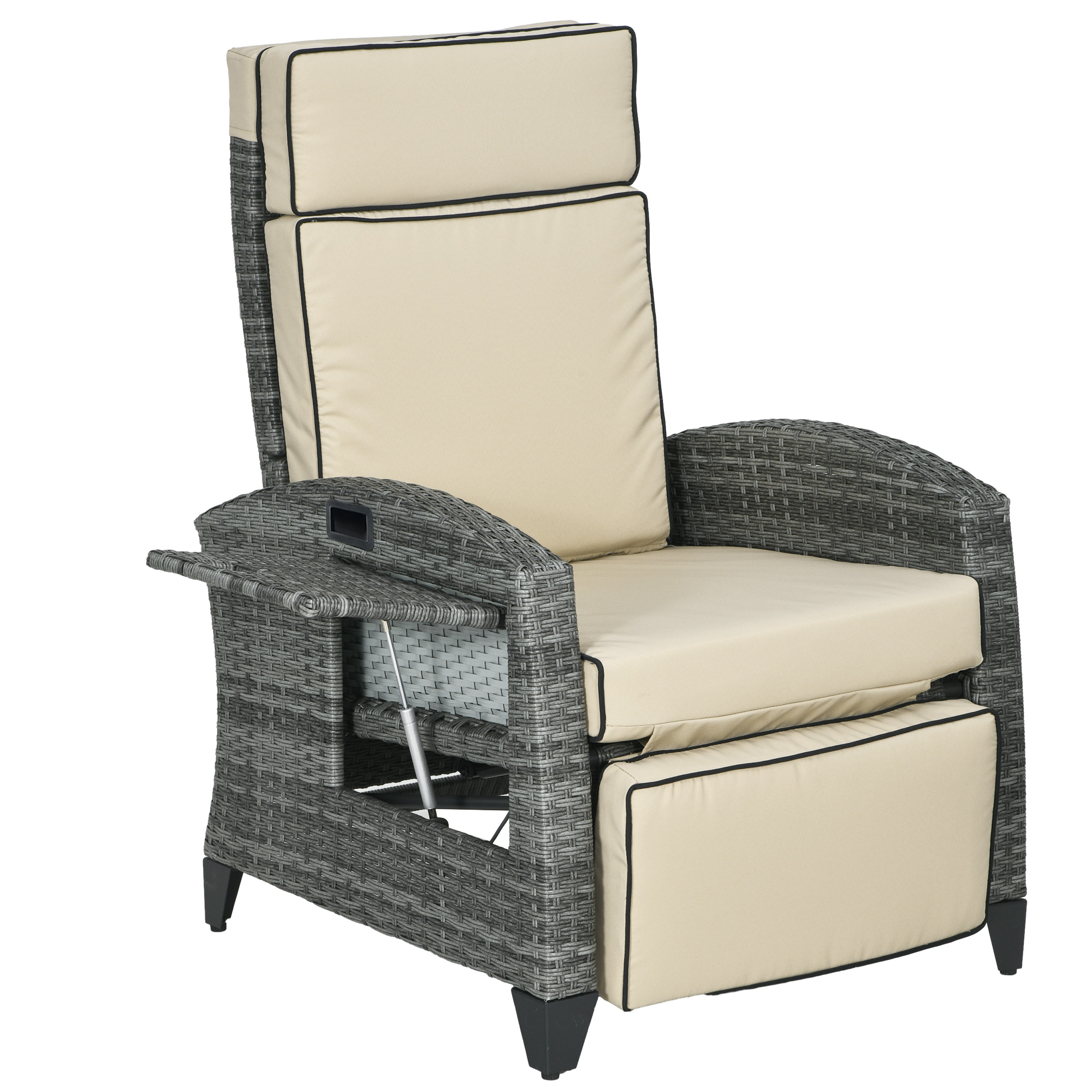 Outdoor Recliner Chair with Cushions, Reclining Patio Lounge Chair with Adjustable Footrest, Armrests, Tray Table, Khaki (Drop Shipping Only, Not for Amazon)