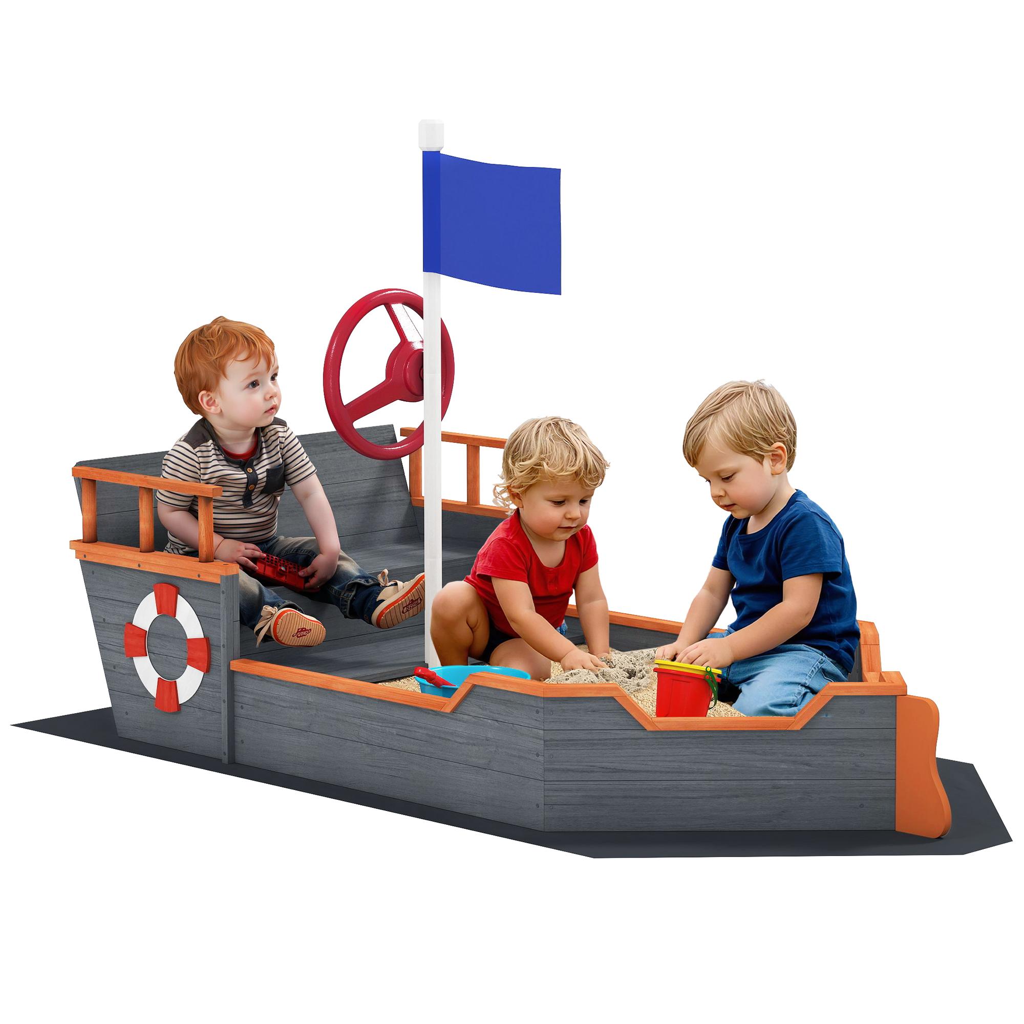 Kids Wooden Sandbox Pirate Ship Sandboat w/ Bench Seat Storage Space Ceder Wood, Gray (Drop Shipping Only, Not for Amazon)
