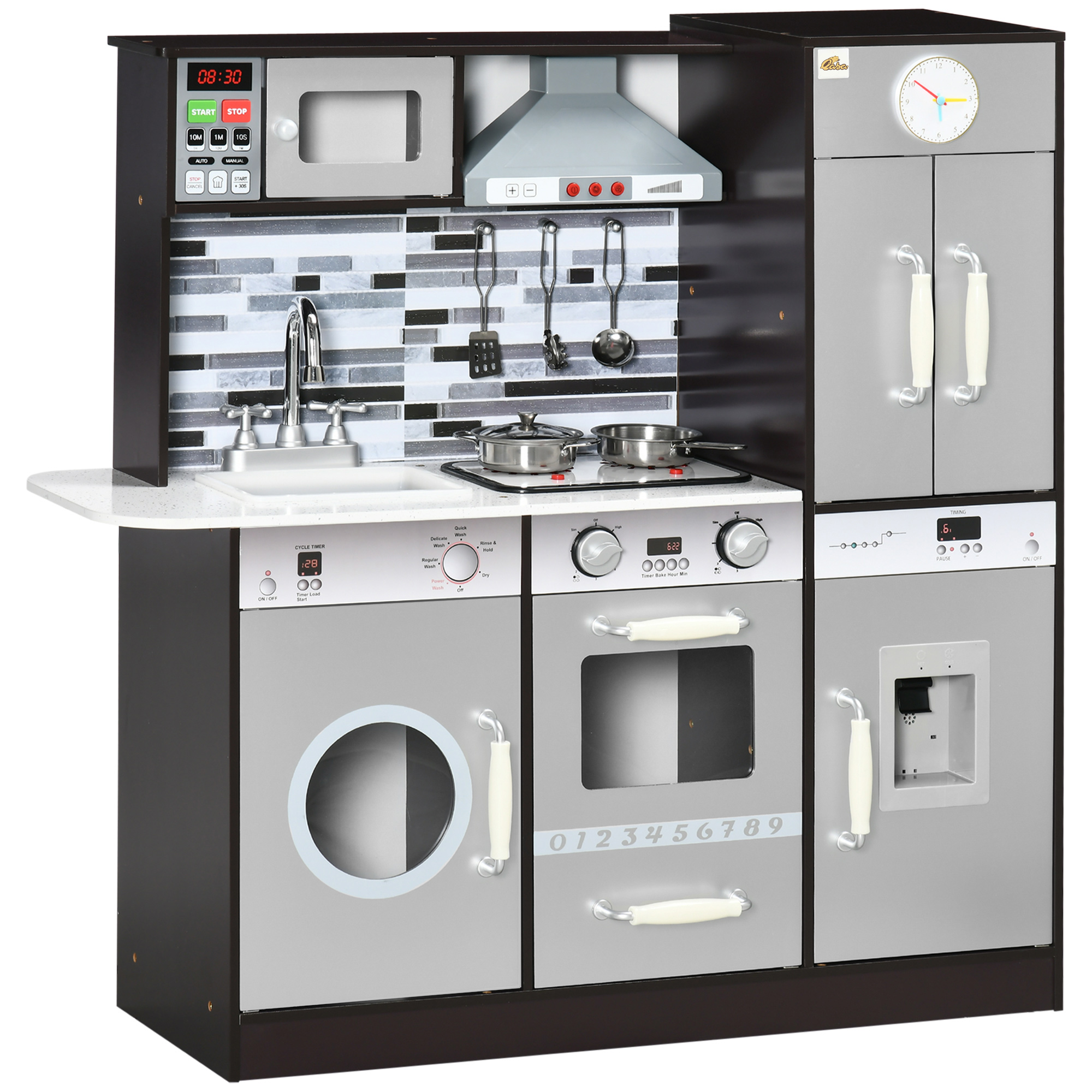 Wooden Play Kitchen with Lights Sounds, Kids Kitchen Playset with Washing Machine, Water Dispenser, Microwave, Range Hood, Refrigerator, Utensils, Gift for 3-6 Years Old (Drop Shipping Only, Not for Amazon)
