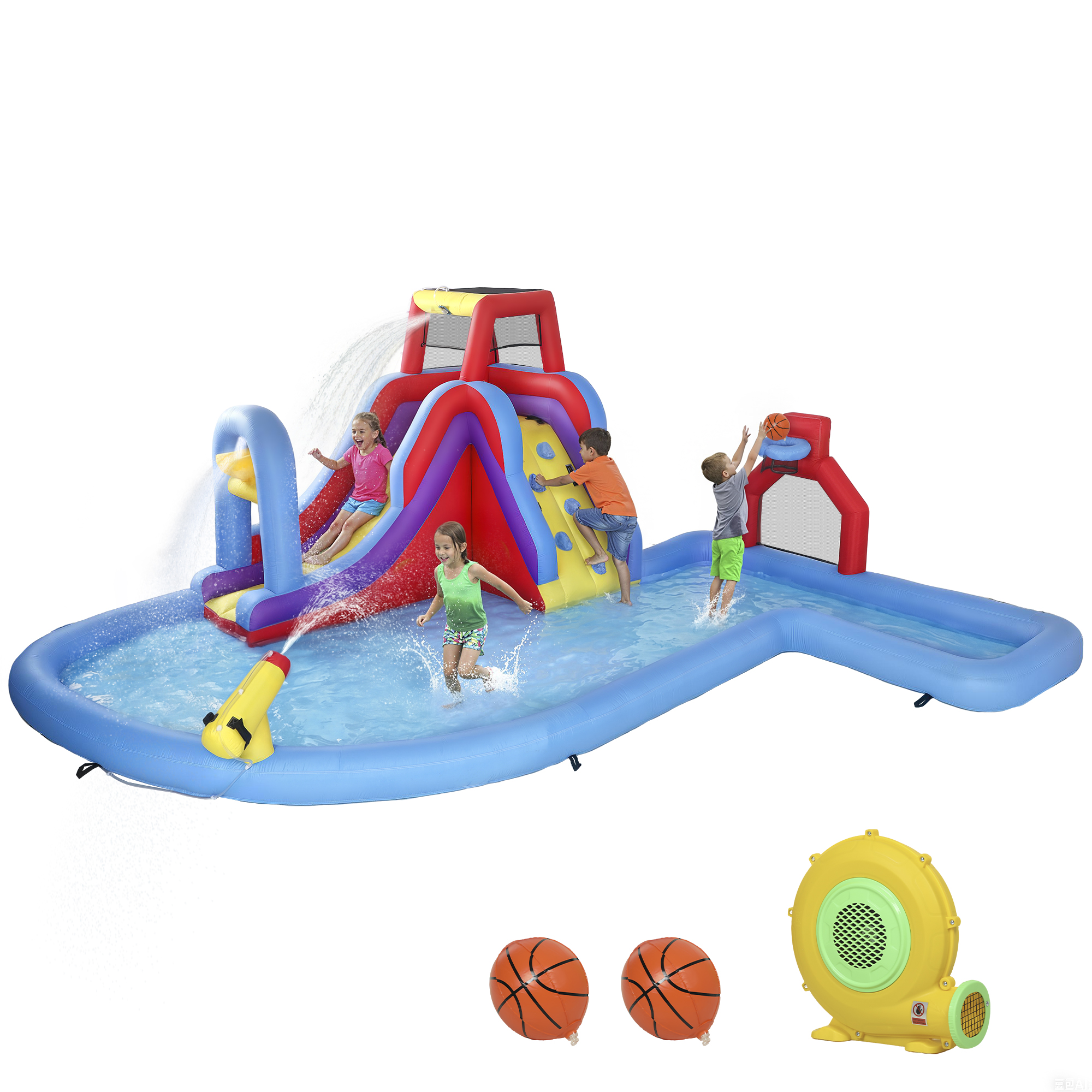 Inflatable Water Slide 6 in 1 with 480W Blower, Bounce House with Climbing Wall, Splashing Pool, Basketball Hoop (Drop Shipping Only, Not for Amazon)