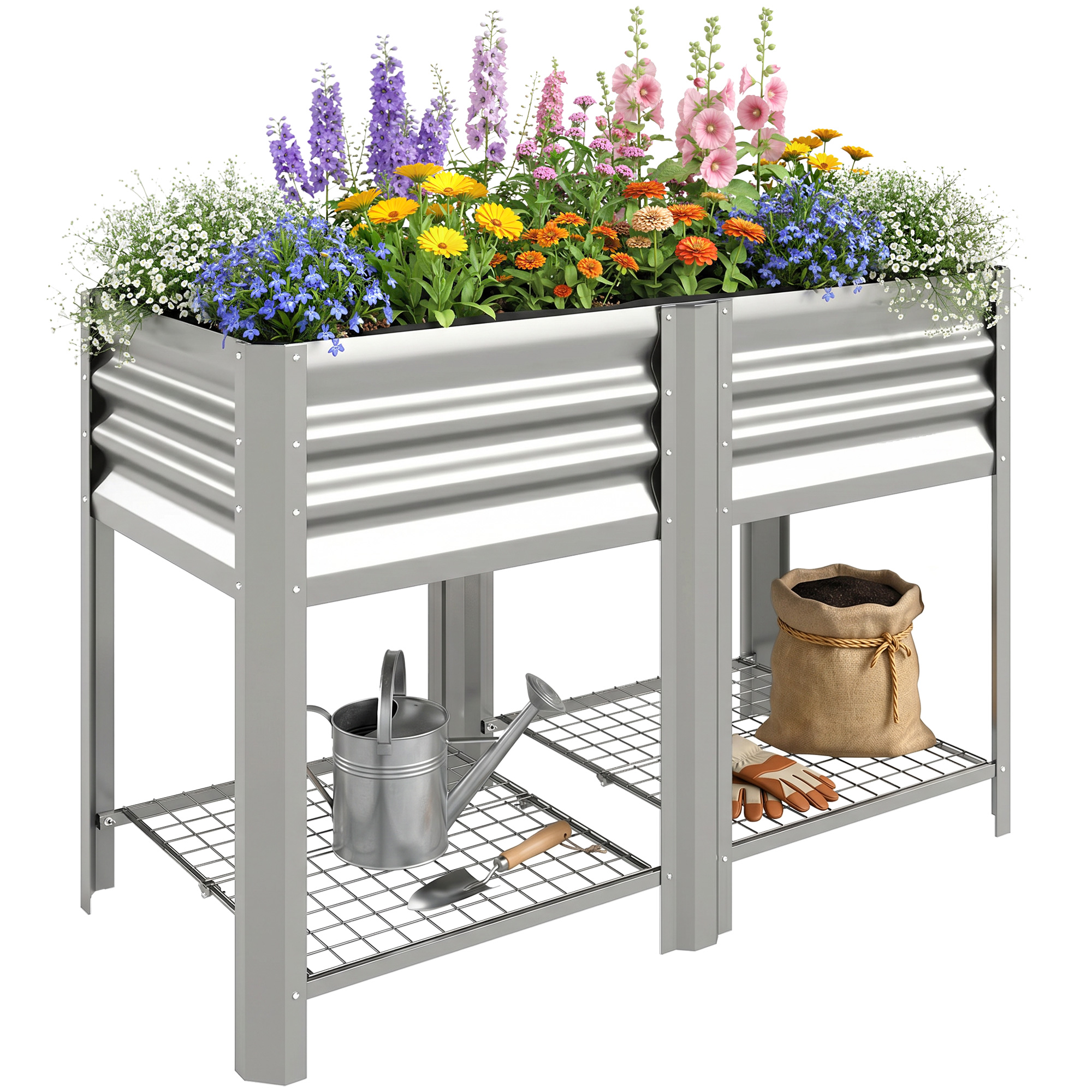 Raised Garden Bed Galvanized Steel, Elevated Planter Box with Storage Shelf, Bed Liner, 31.5