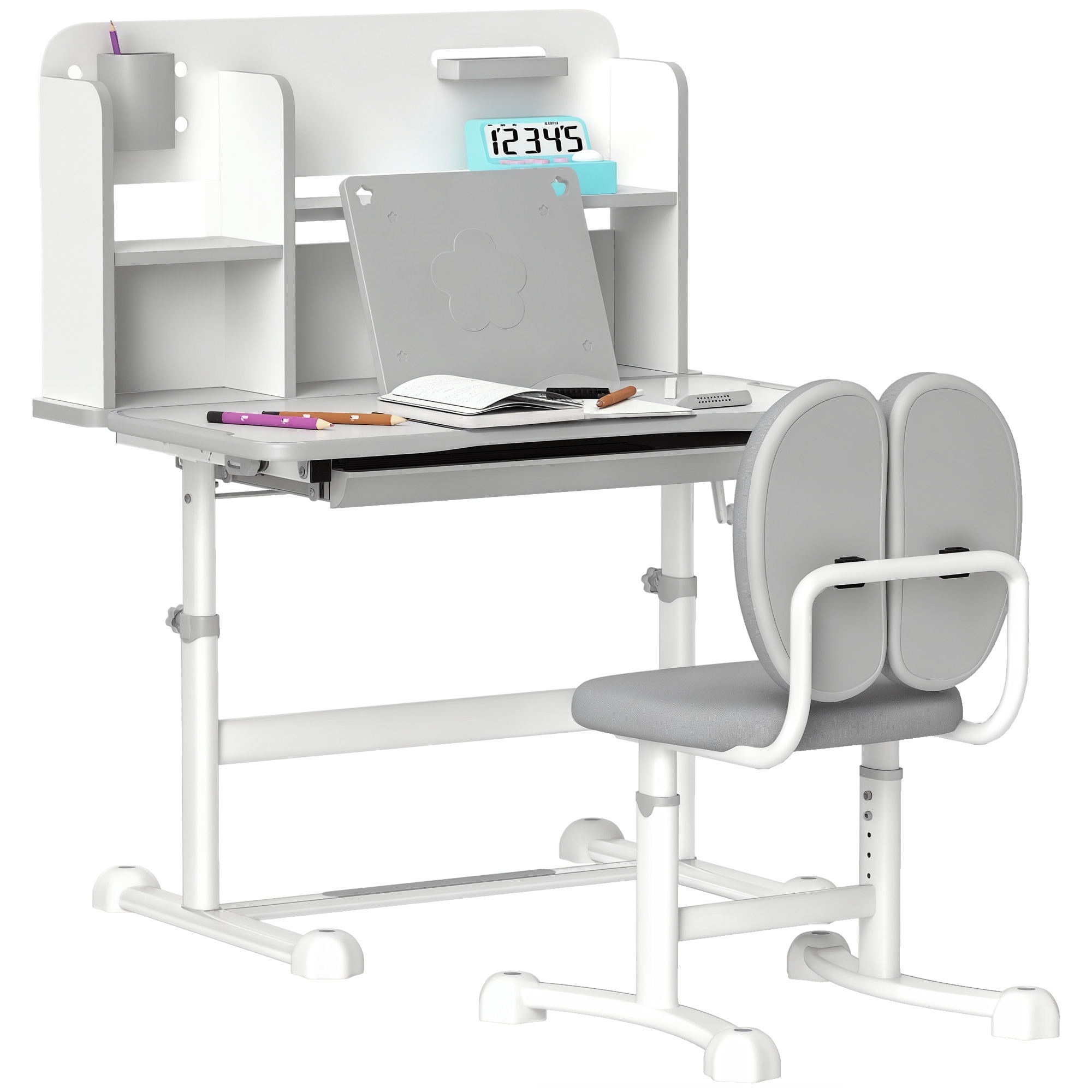 Height Adjustable Kids Desk and Chair Set for Writing Drawing w/ Tilt Desktop, Storage Drawer and Reading Rack, Gray (Drop Shipping Only, Not for Amazon)