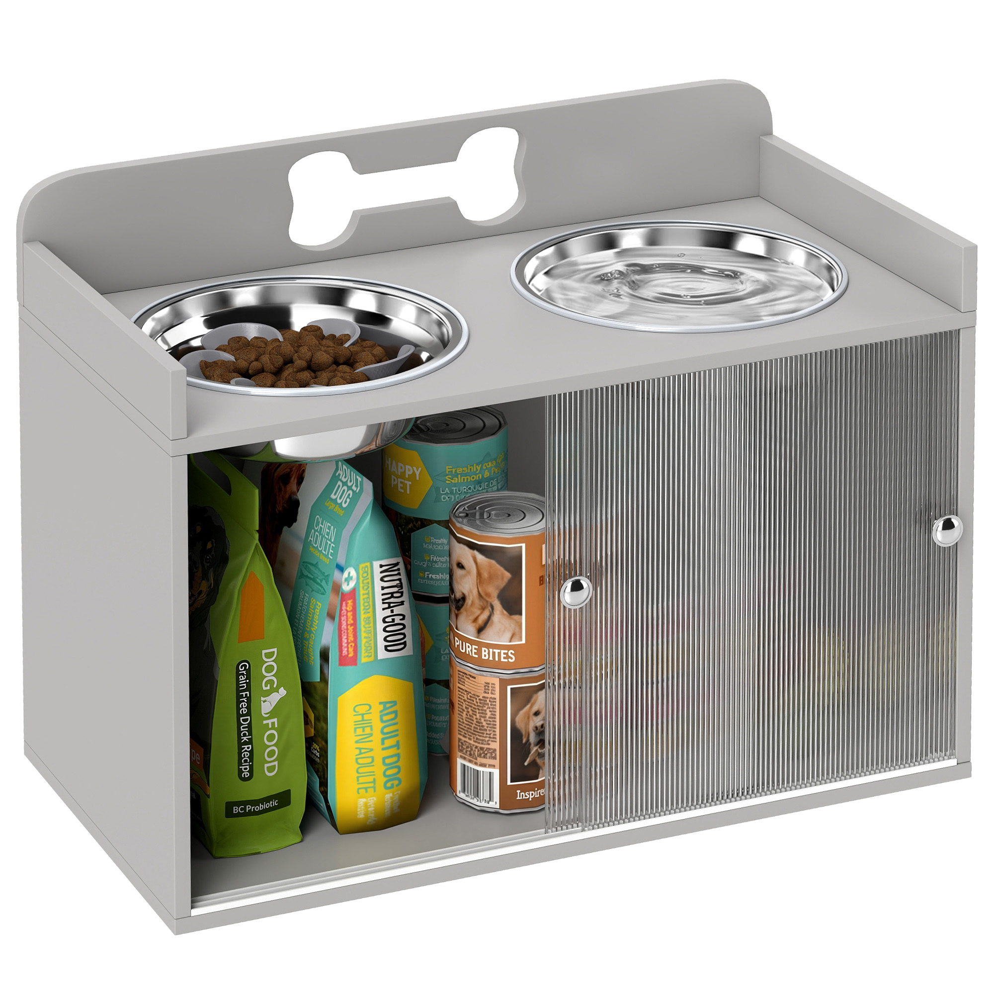 Elevated Dog Bowls with Storage, Raised Dog Bowl Stand with 2 Stainless Steel Bowl for Large Dogs, Gray (Drop Shipping Only, Not for Amazon)