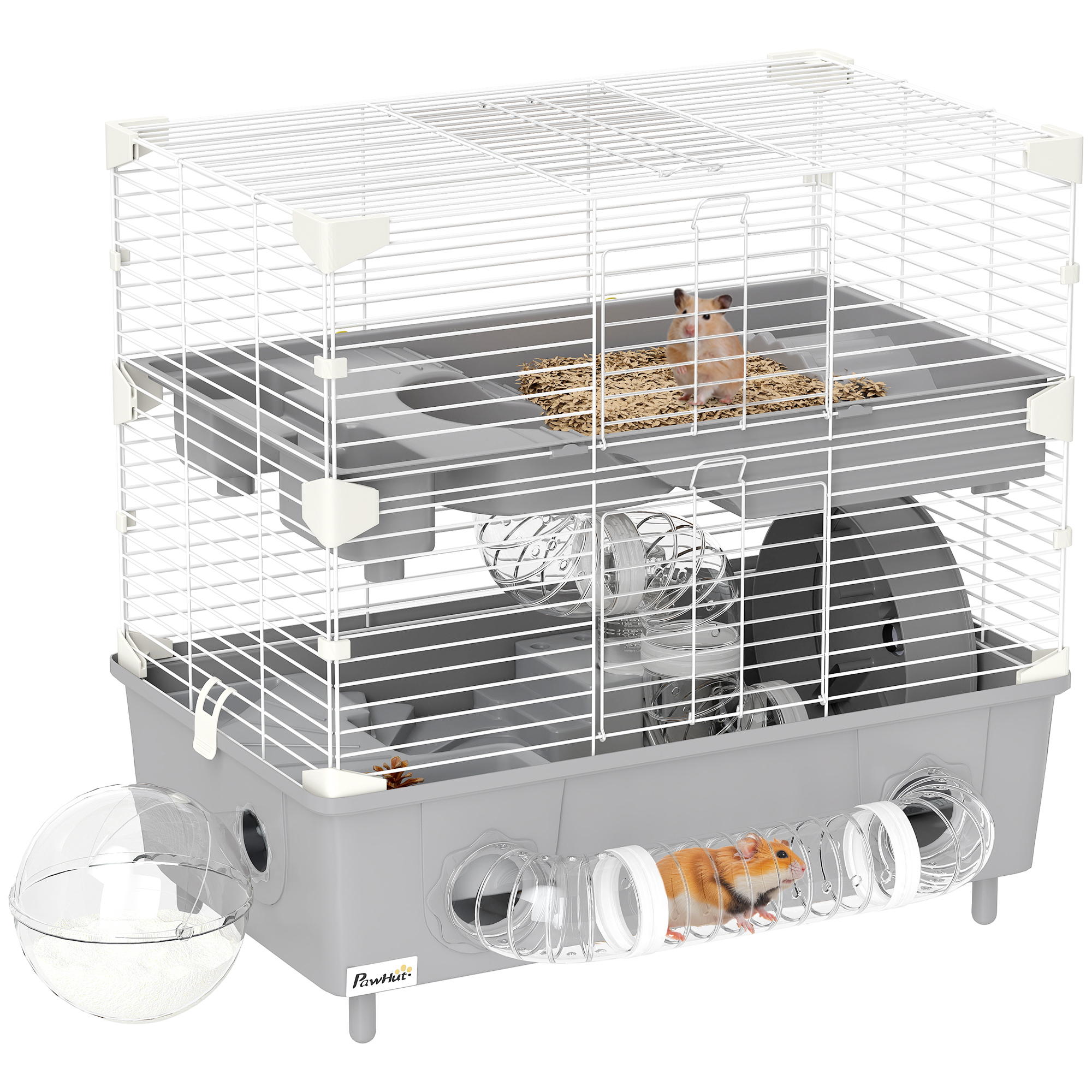 2-Tier Hamster Cage with Sand Bathroom, Running Wheel, Water Bottle, Tubes, Accessories, for Dwarf Hamster, Gray (Drop Shipping Only, Not for Amazon)