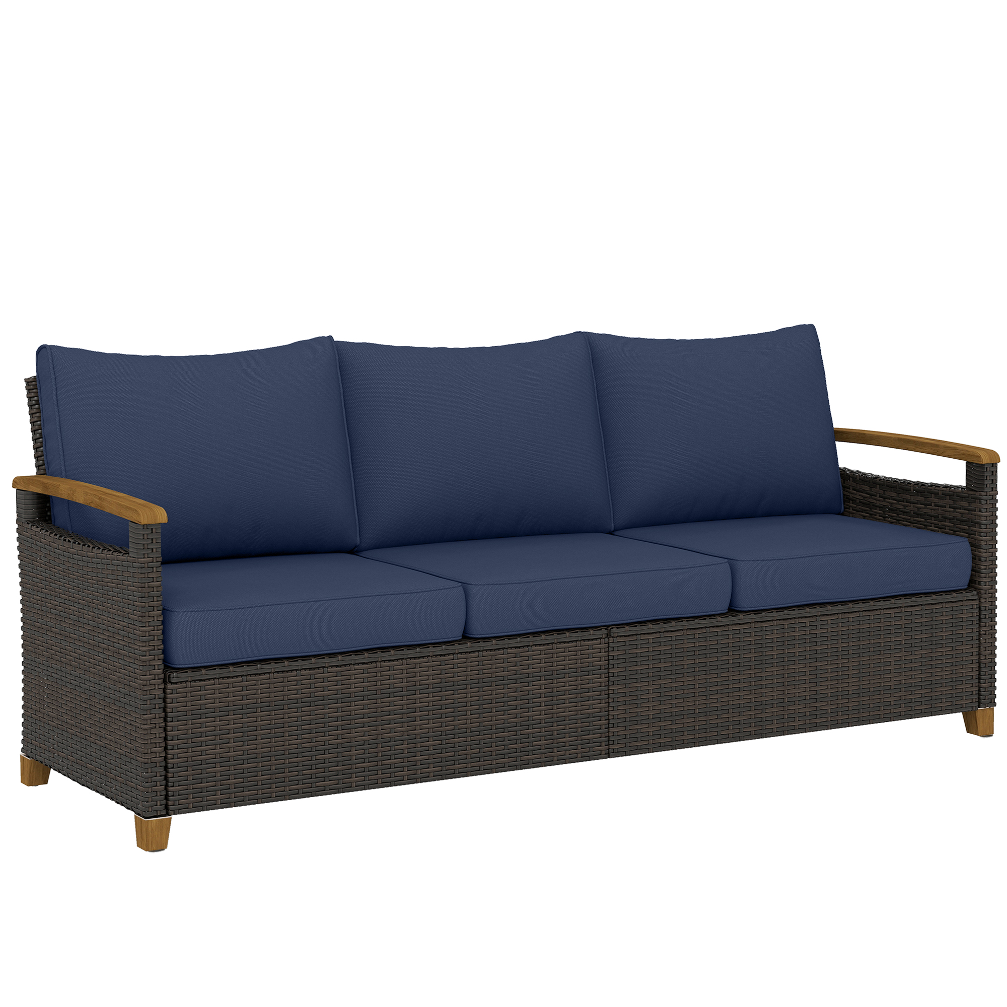 3 Seater Outdoor Couch Sofa, PE Wicker Patio Sofa, Wide Deep Seat, 4