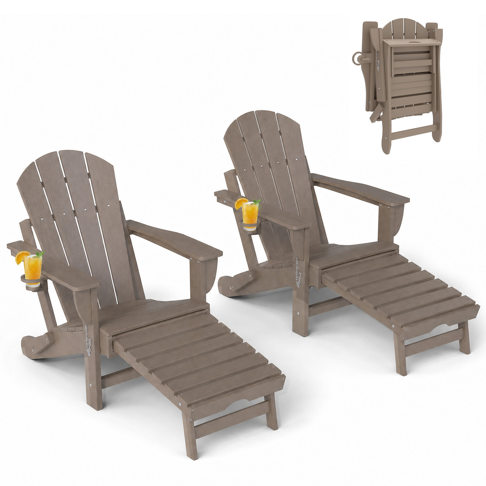 Folding Adirondack Chair Set of 2, HDPE Fire Pit Chair with Retractable Ottoman and Cup Holder, Brown (Drop Shipping Only, Not for Amazon)