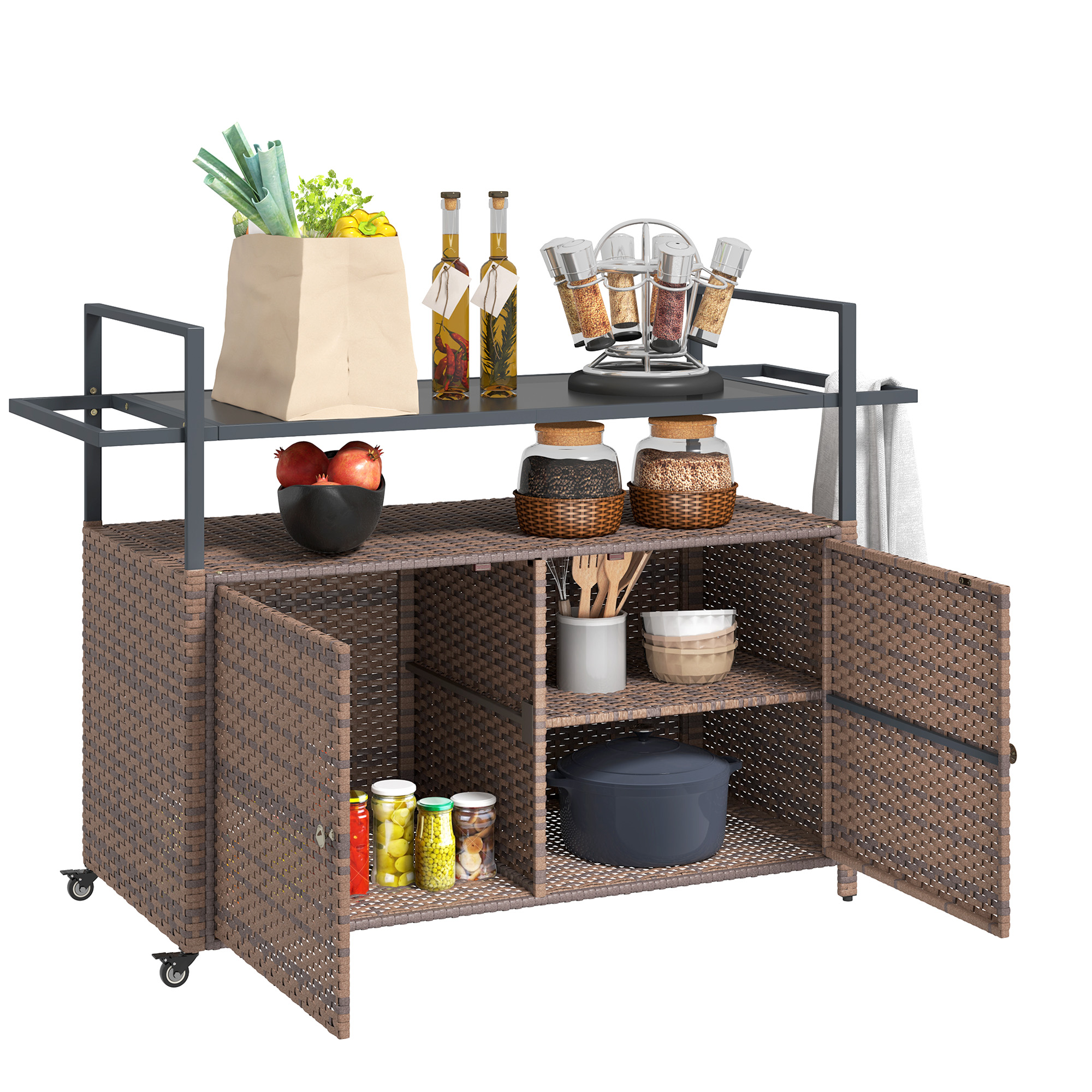 2-Tier Shelf PE Rattan Outdoor Bar Table, Glass Top Outdoor Serving Cart with Cabinet, Mixed Brown (Drop Shipping Only, Not for Amazon)