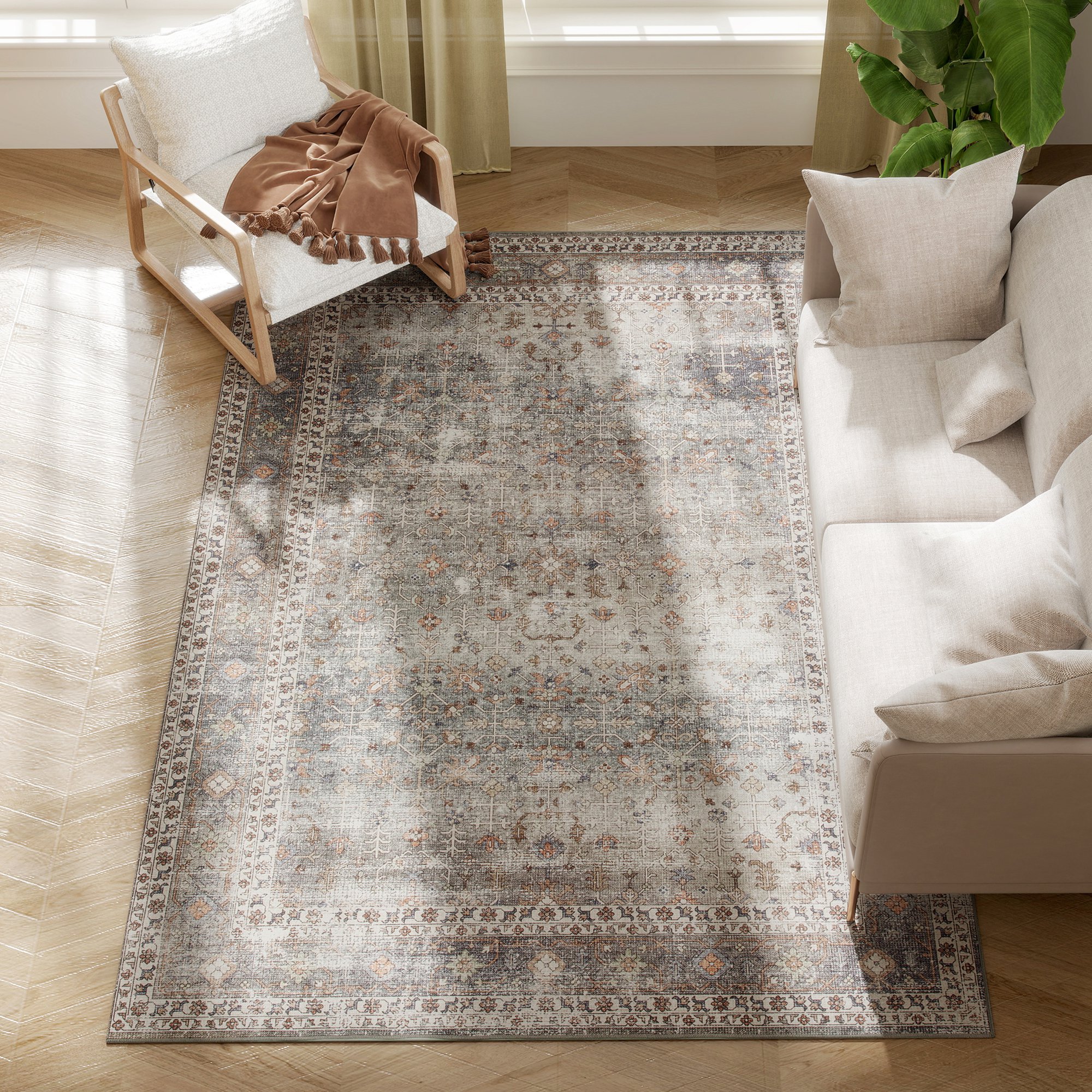Machine Washable Area Rug 5x7, Non-Slip Traditional Floor Cover Foldable Carpet for Living Room, Dark Mixed-Brown (Drop Shipping Only, Not for Amazon)