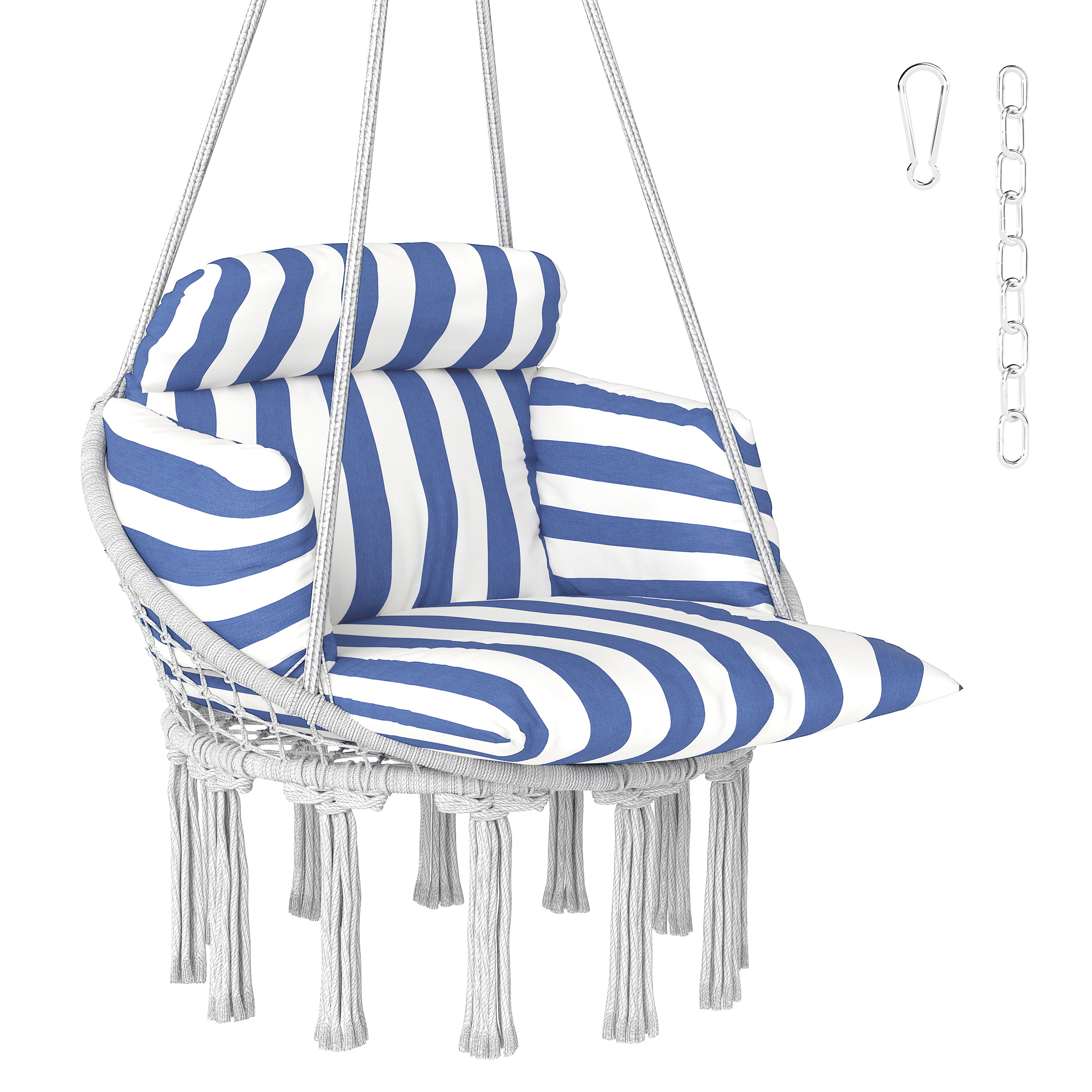 Hammock Swing Chair, Macrame Hanging Chair with Large Cushion, Chain, Steel Frame for Indoor Outdoor Use, Blue and White (Drop Shipping Only, Not for Amazon)