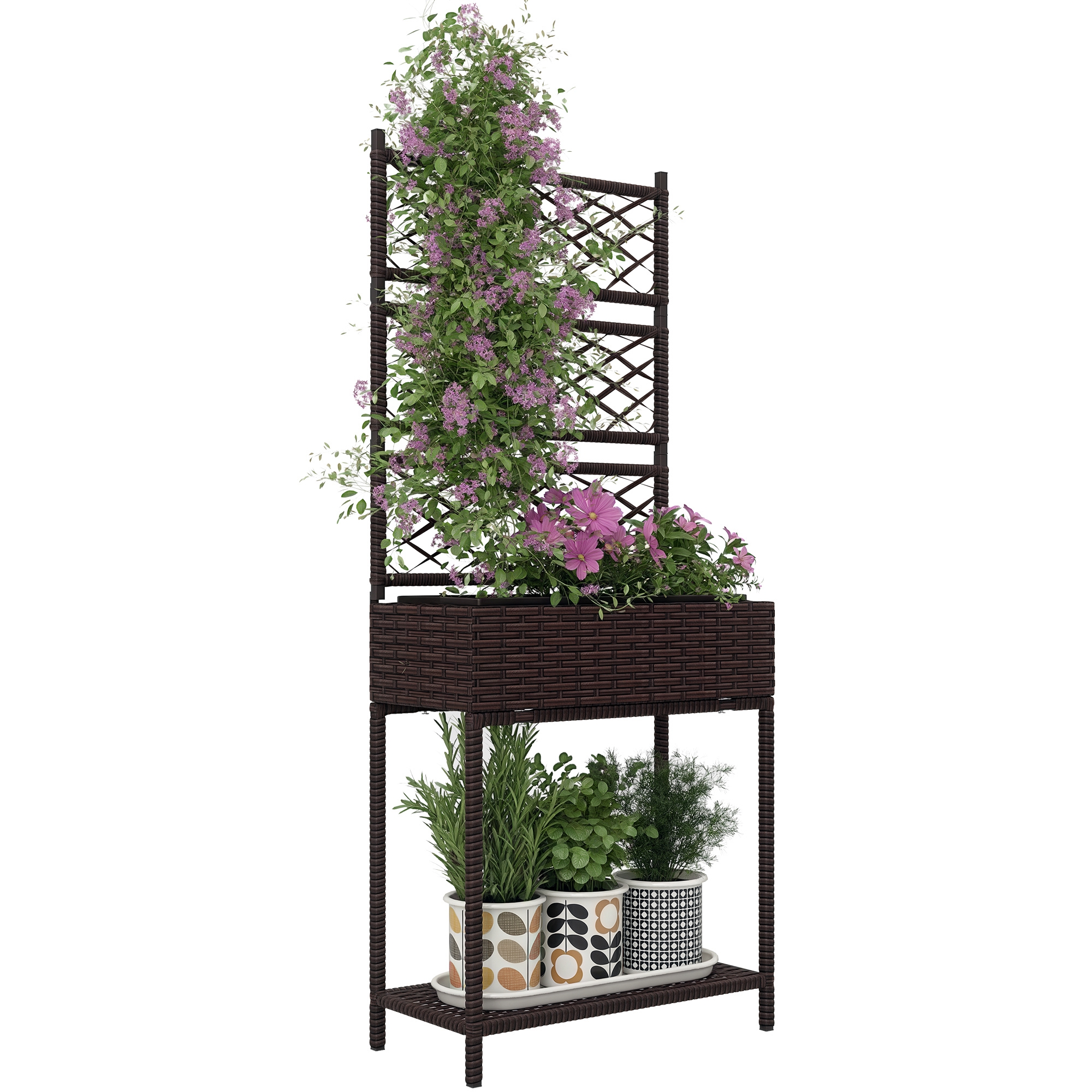 Outdoor Wicker Planter with Trellis for Climbing Plants, Freestanding Rattan Garden Box with Storage Shelf, Brown (Drop Shipping Only, Not for Amazon)