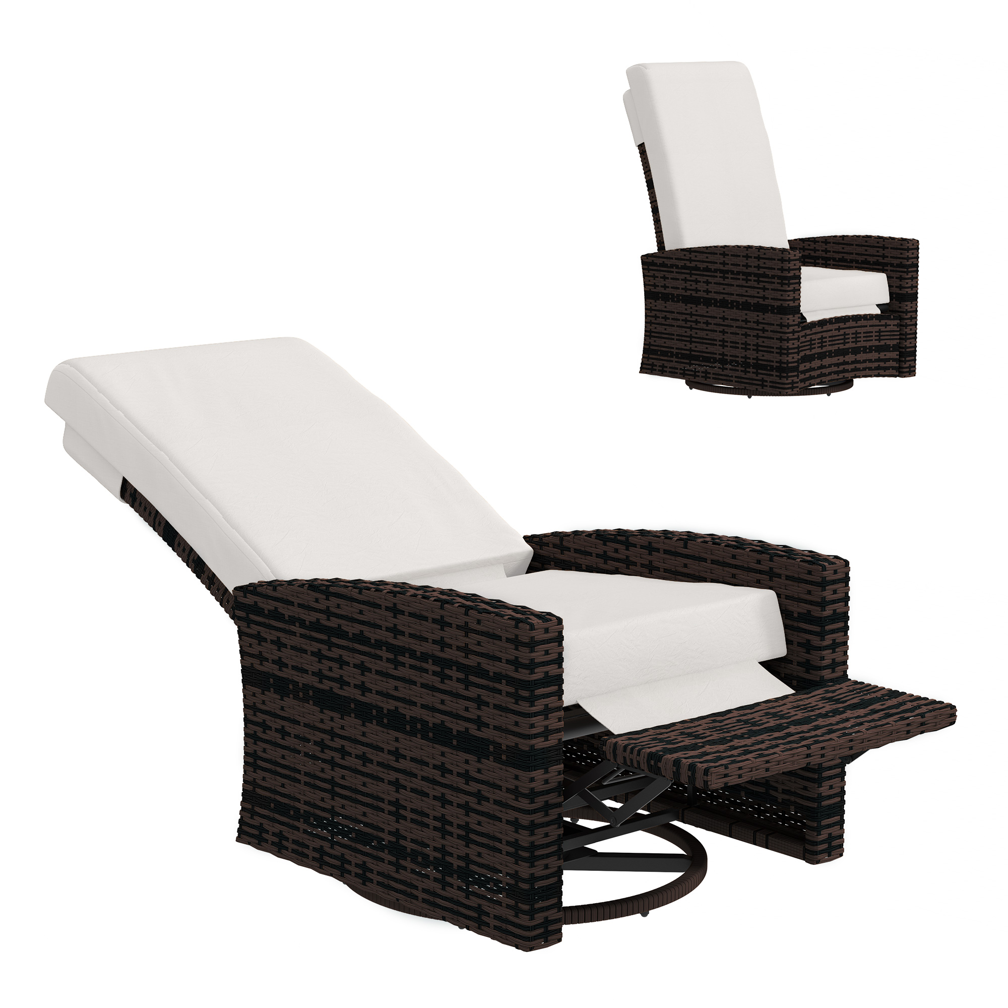 Outdoor Wicker Swivel Recliner Chair, Lifting Footrest, 360° Rotating Basic, Water-resistant Cushions, Khaki (Drop Shipping Only, Not for Amazon)