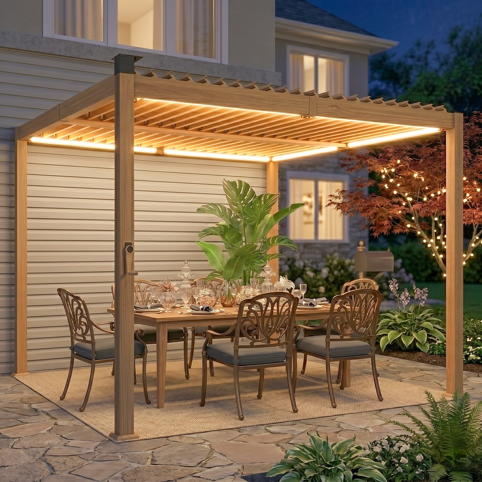 10' x 10' Louvered Pergola with Solar LED lights, Metal Roof, Outdoor Pergola Patio Gazebo with Drainage Gutters, Brown (Drop Shipping Only, Not for Amazon)