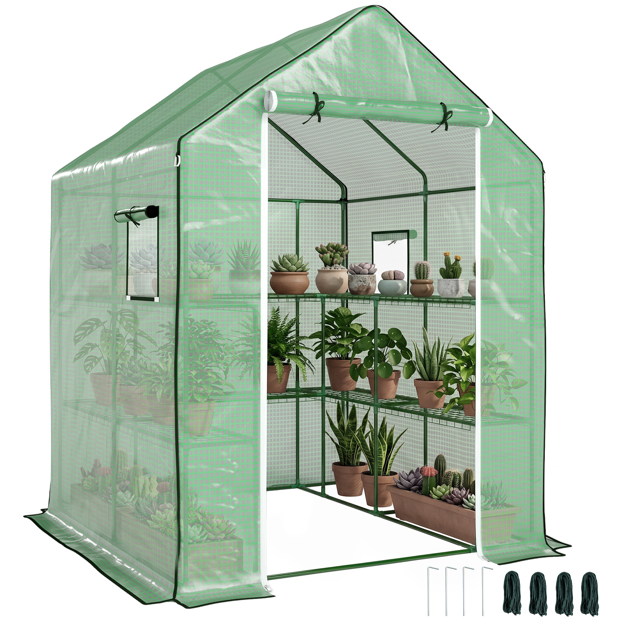 4.6' x 4.7' Portable Greenhouse, Water/UV Resistant Walk-In Small Outdoor Green House with 2 Tier U-Shaped Flower Rack Shelves, Roll Up Door & Windows, Green (Drop Shipping Only, Not for Amazon)