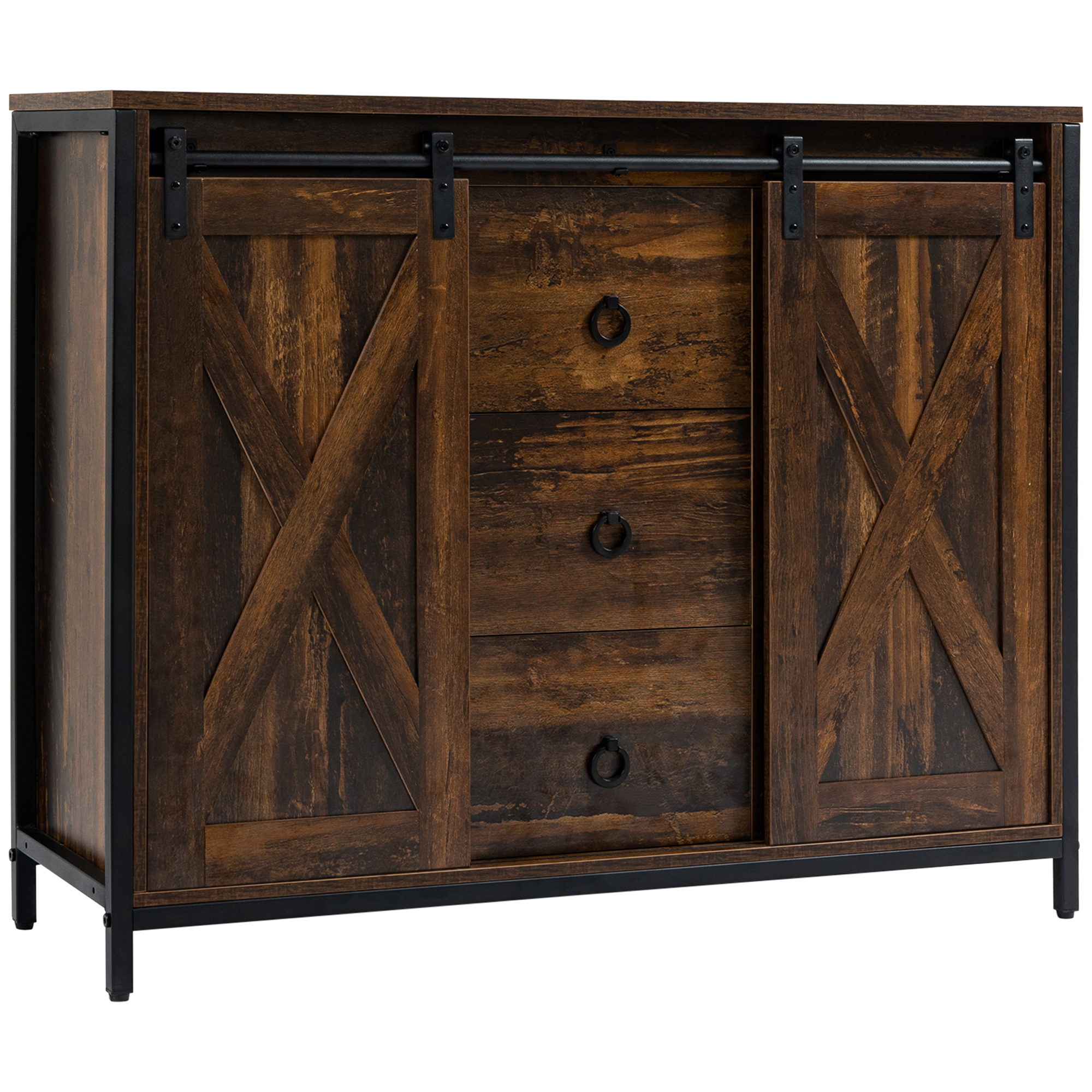Buffet Cabinet Kitchen Sideboard with Sliding Barn Doors, Brown (Drop Shipping Only, Not for Amazon)