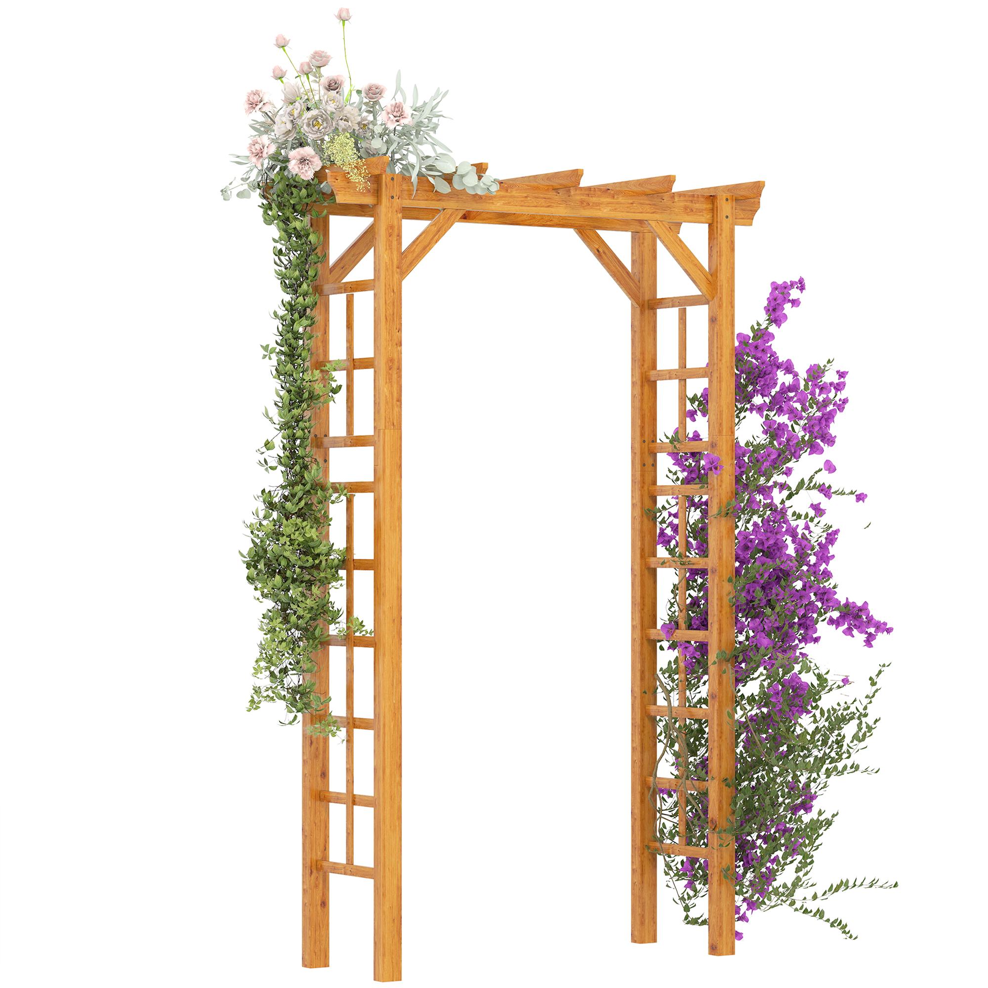 7' Wood Steel Outdoor Garden Arched Trellis Arbor with Natural Fir Wood & Side Panel for Climbing Vines, Orange (Drop Shipping Only, Not for Amazon)