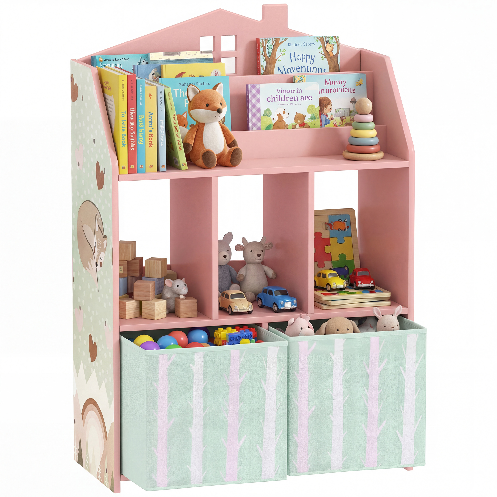 Kids Bookshelf with Storage, Toy Storage Unit with Book Display, Shelves and Fabric Drawers for Playroom Nursery, Green (Drop Shipping Only, Not for Amazon)