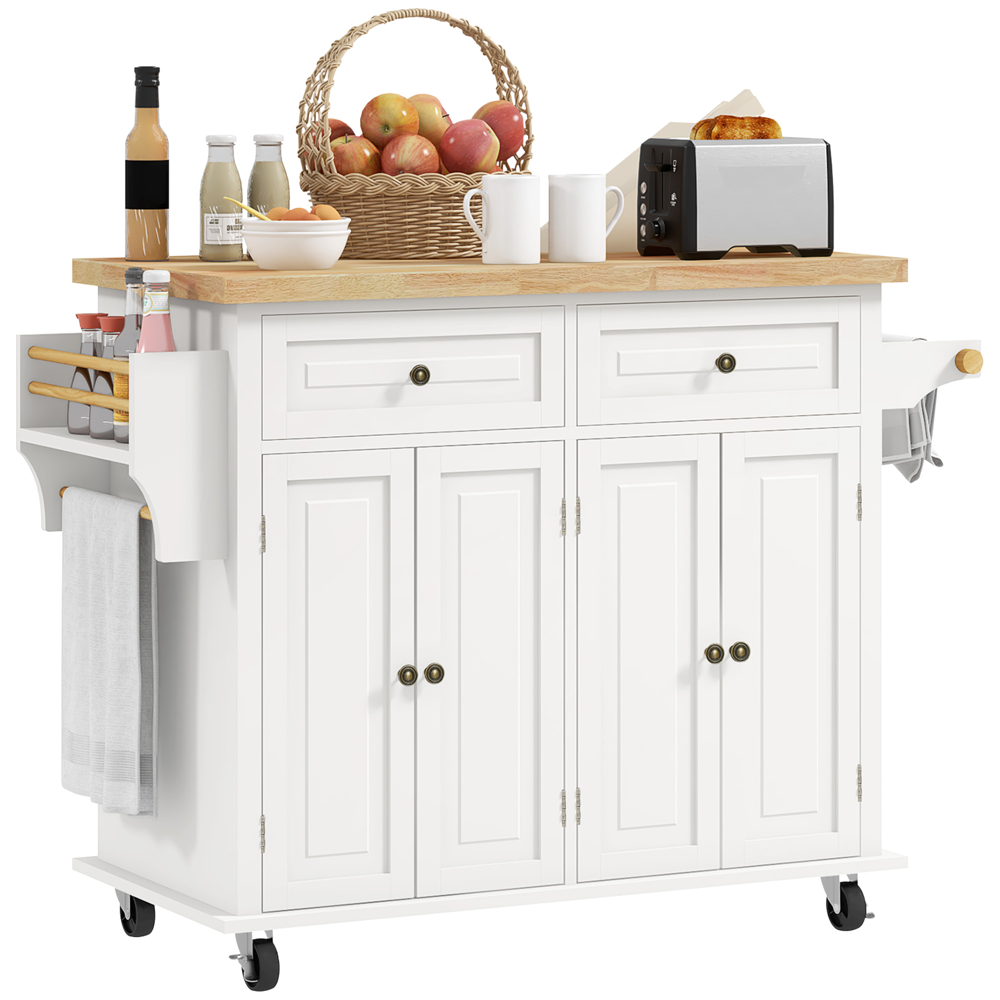 Rolling Kitchen Island Storage Trolley with Rubber Wood Top & Drawers for Dining Room, Grey (Drop Shipping Only, Not for Amazon)