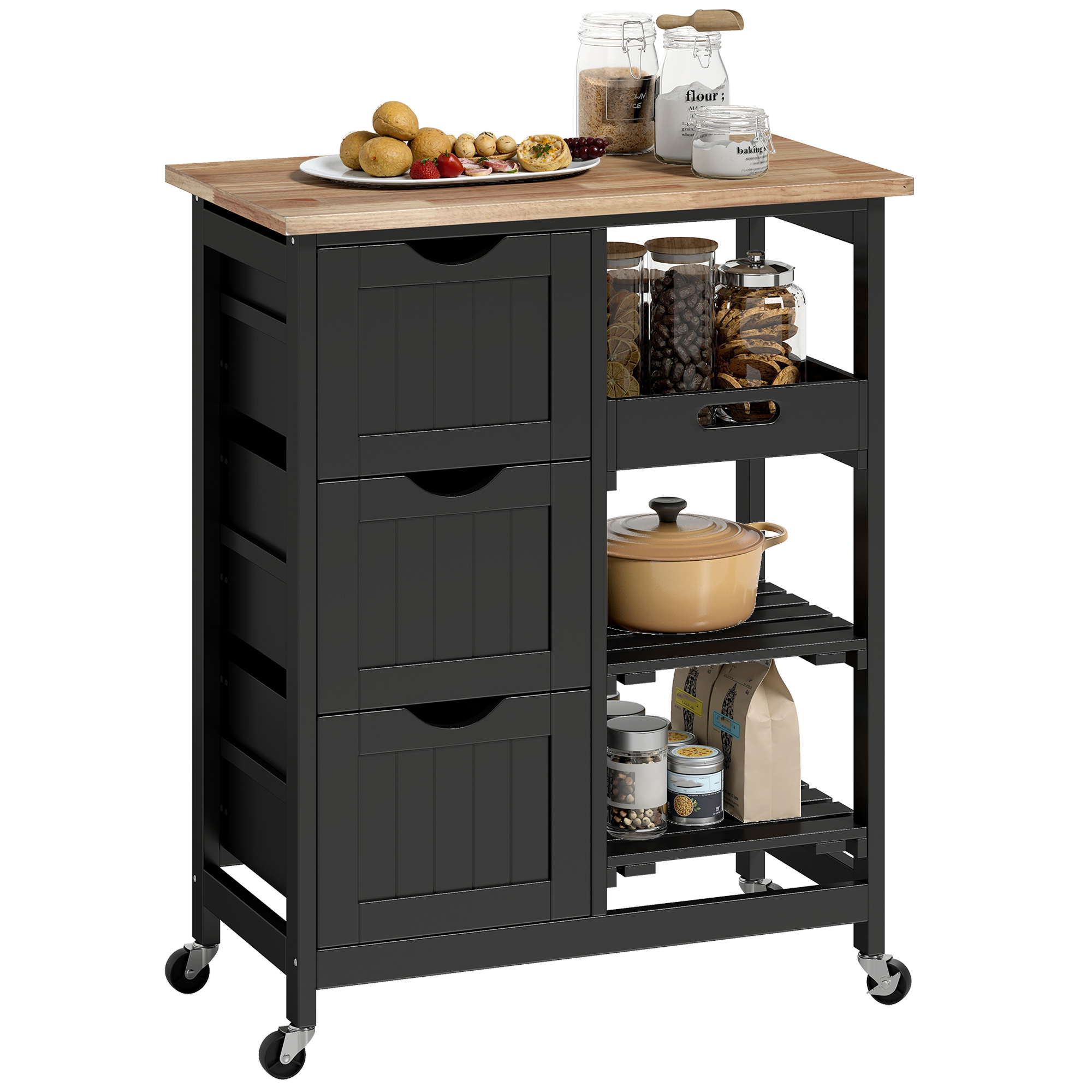 Rolling Kitchen Island Cart, Bar Serving Cart, Compact Trolley on Wheels with Wood Top, Shelves & Drawers for Home Dining Area, Black (Drop Shipping Only, Not for Amazon)