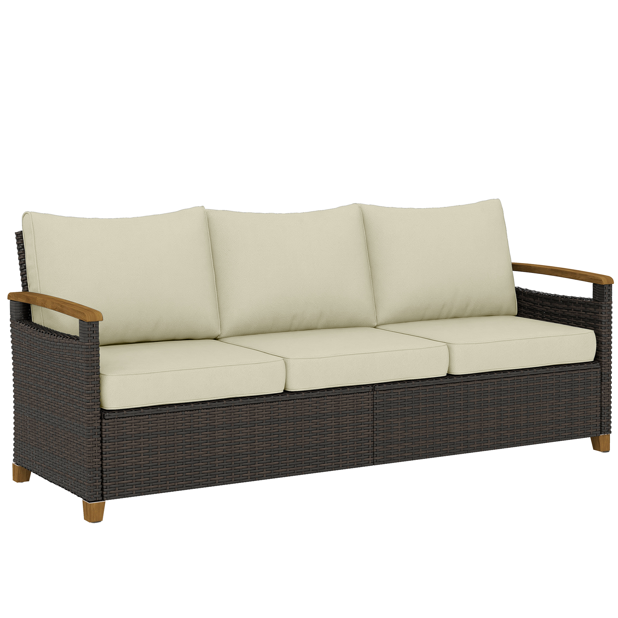 3 Seater Outdoor Couch Sofa, PE Wicker Patio Sofa, Wide Deep Seat, 4