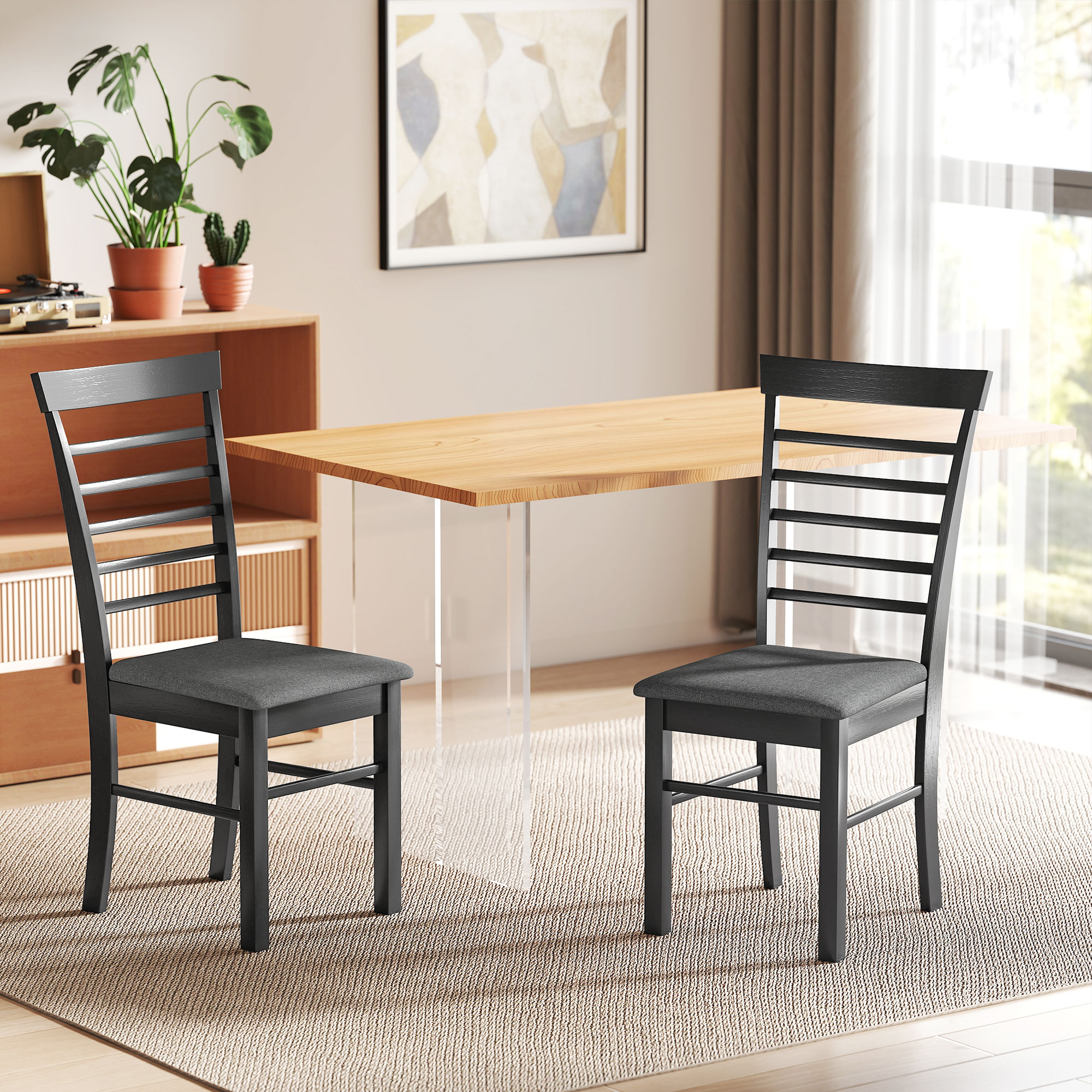 Wooden Dining Chairs Set of 2, Farmhouse Upholstered Kitchen Chairs with Rubber Wood Frame, Black and Gray (Drop Shipping Only, Not for Amazon)