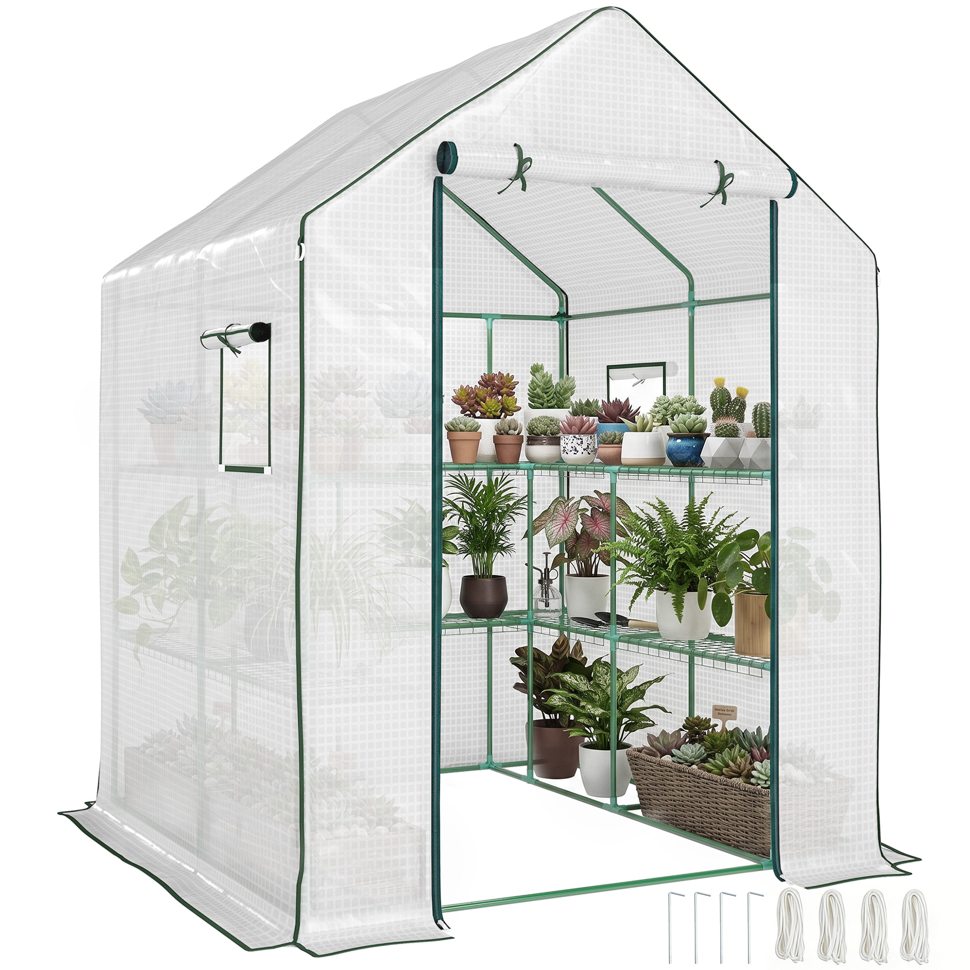 Portable Greenhouse, Water/UV Resistant Walk-In Small Outdoor Green House with 2 Tier Flower Rack Shelves, White (Drop Shipping Only, Not for Amazon)