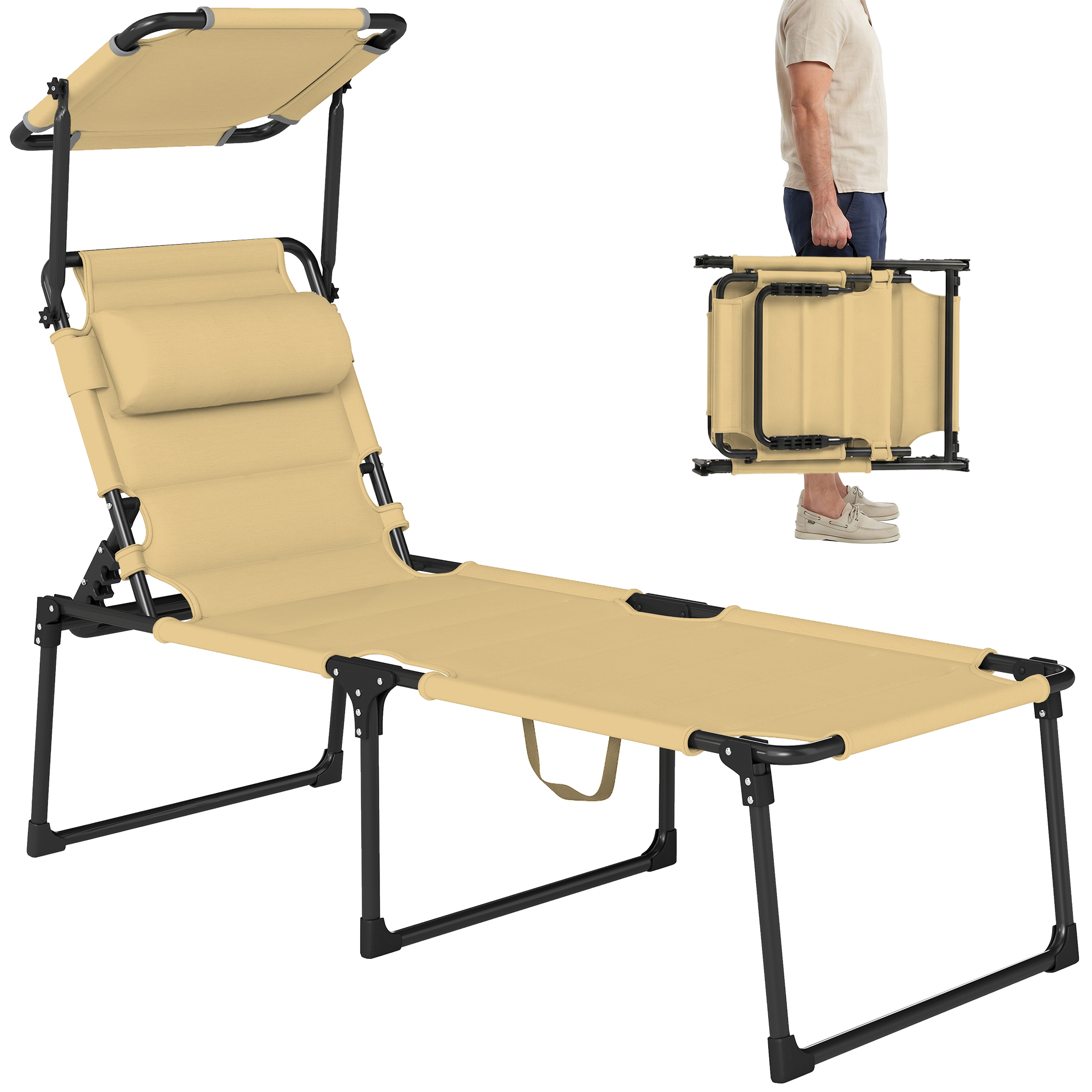 Outdoor Lounge Chair, 4 Position Adjustable Backrest, Folding, Cushioned w/ Sun Shade Roof & Pillow, Blue (Drop Shipping Only, Not for Amazon)