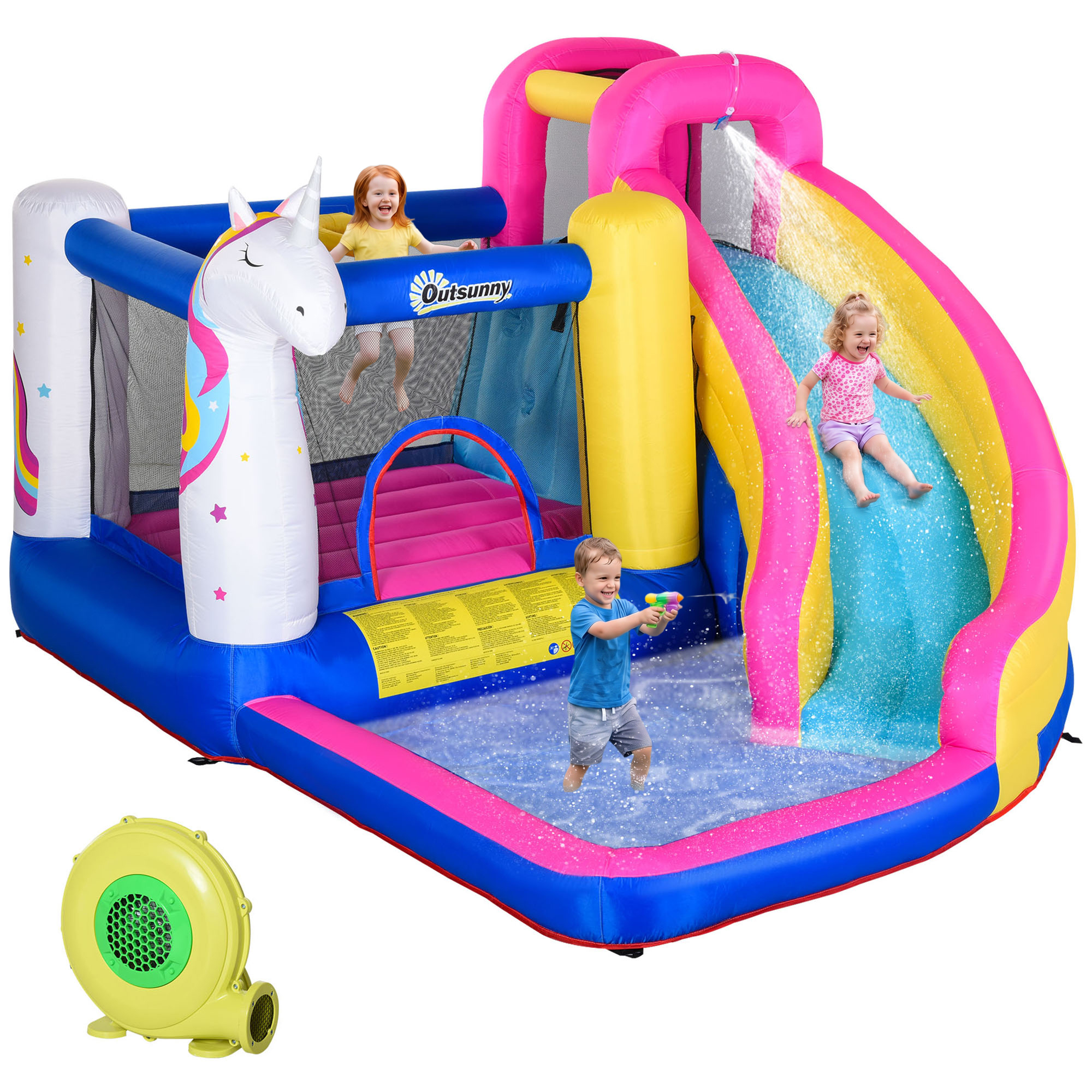 Inflatable Water Slide Bounce House with Trampoline, Climbing Wall, Water Cannon, Basketball Hoop, Splash Pool, 450W Blower, Unicorn Themed Bouncy House for Kids 3-8 Years Old (Drop Shipping Only, Not for Amazon)
