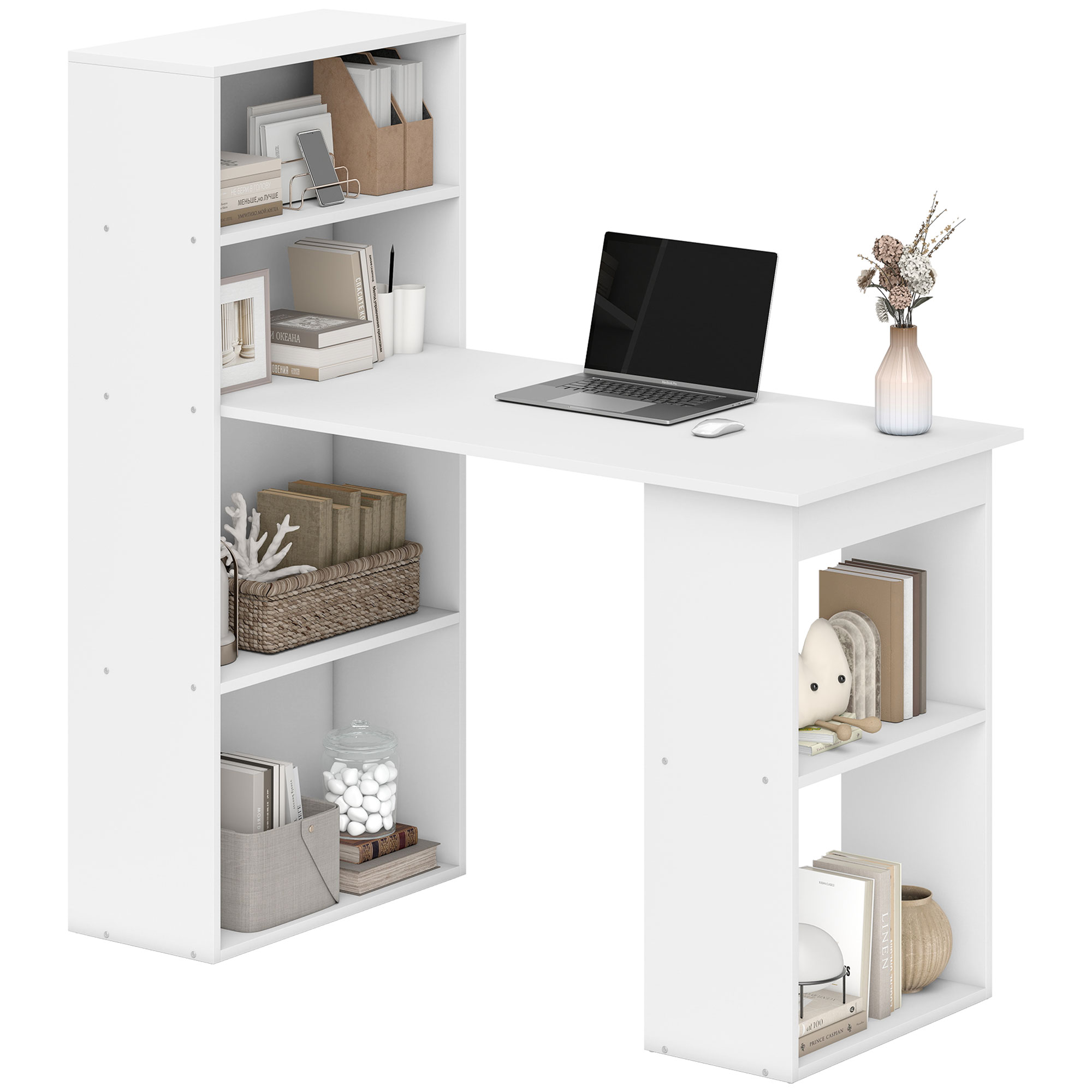 120cm Computer Desk, Wooden PC Laptop Table with 6-Tier Storage Bookshelves, Home Office Working Study Desk, Writing Workstation, Black (Drop Shipping Only, Not for Amazon)