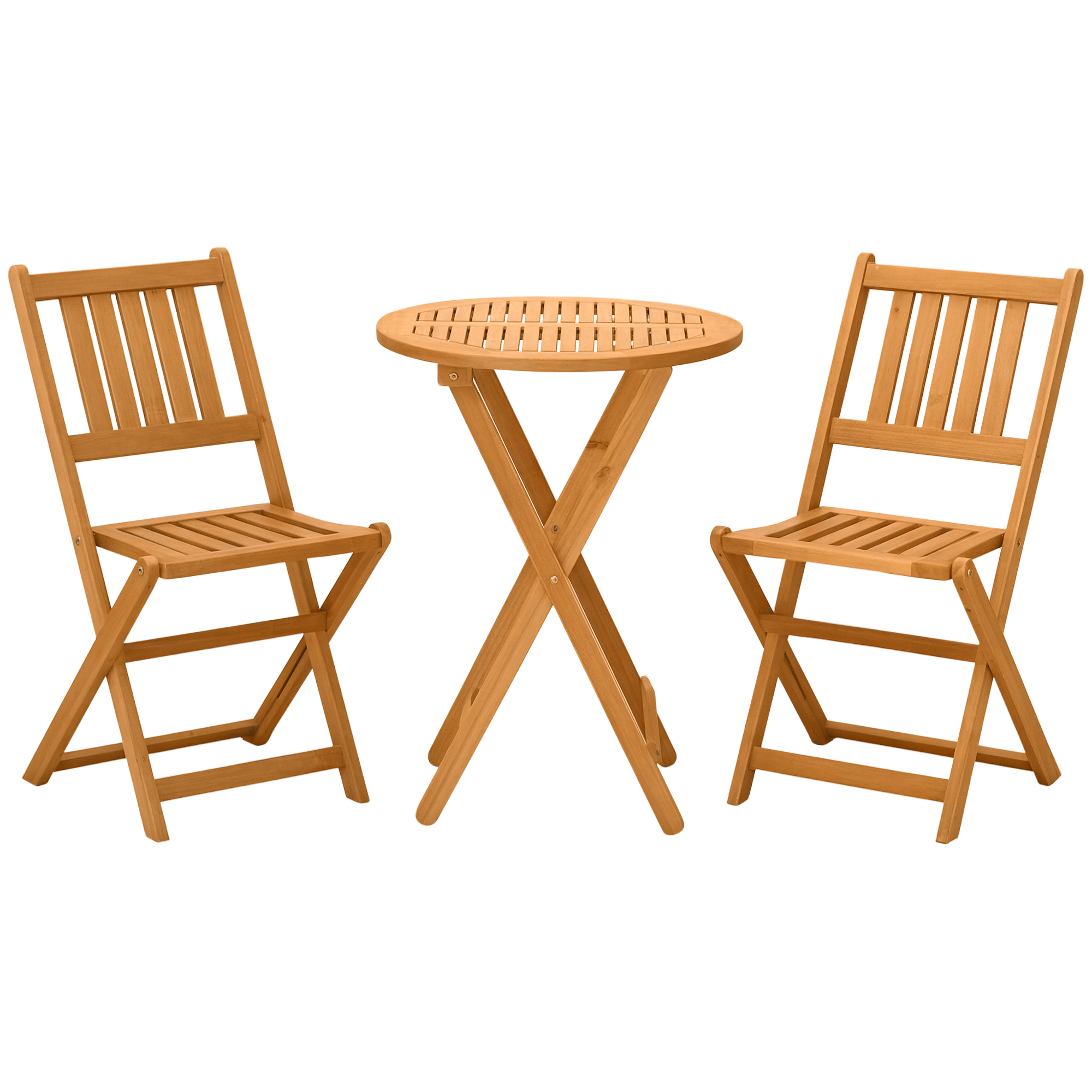 3-Piece Acacia Wood Bistro Set, Folding Patio Furniture with 2 Folding Chairs and Round Coffee Table, Teak, Slatted Finish, for Backyard, Balcony, Deck, Natural (Drop Shipping Only, Not for Amazon)