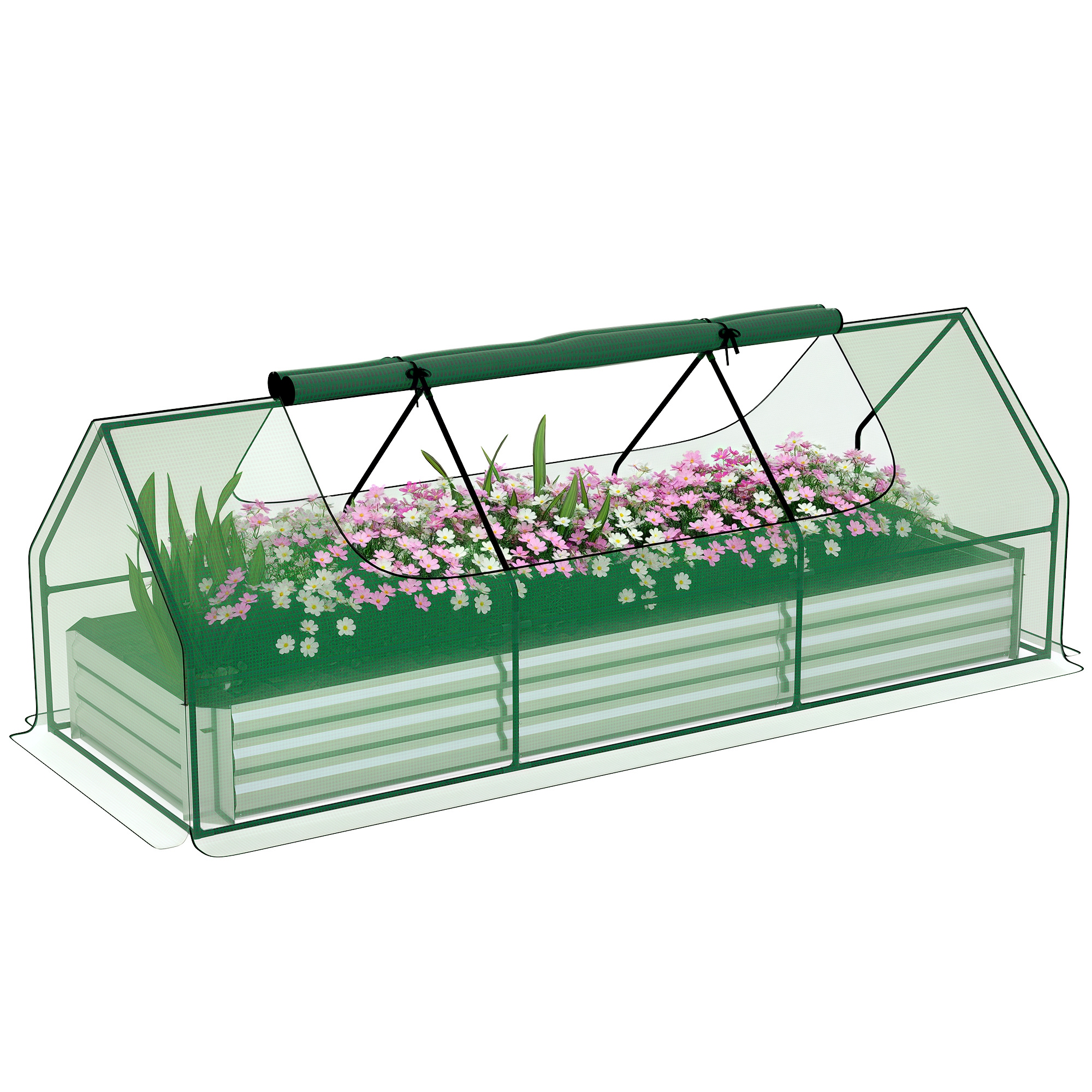 8.6 x 3 x 1ft Metal Planter Box with Mini Greenhouse, Galvanized Raised Garden Bed with Cover for Herbs and Vegetables, Small Greenhouse for Patio Garden Balcony, Green and Silver (Drop Shipping Only, Not for Amazon)