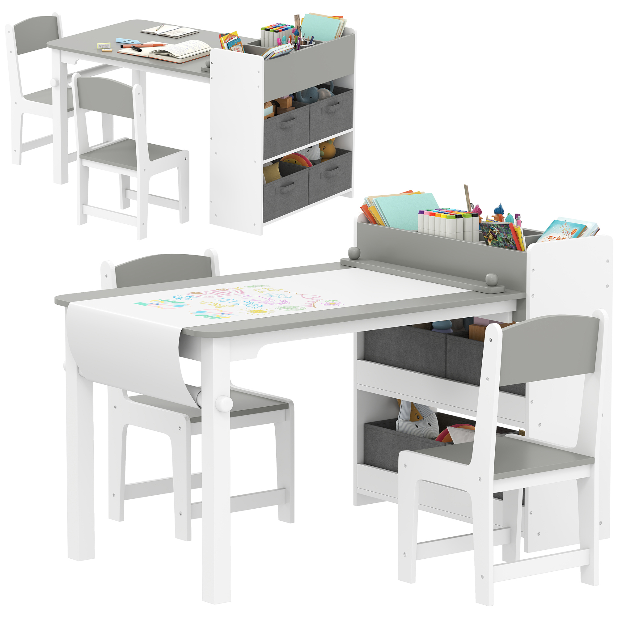 Kids Desk and Chair Set with Paper Roll, Kids Activity Craft Table with Storage Shelves and Drawers, Gray (Drop Shipping Only, Not for Amazon)