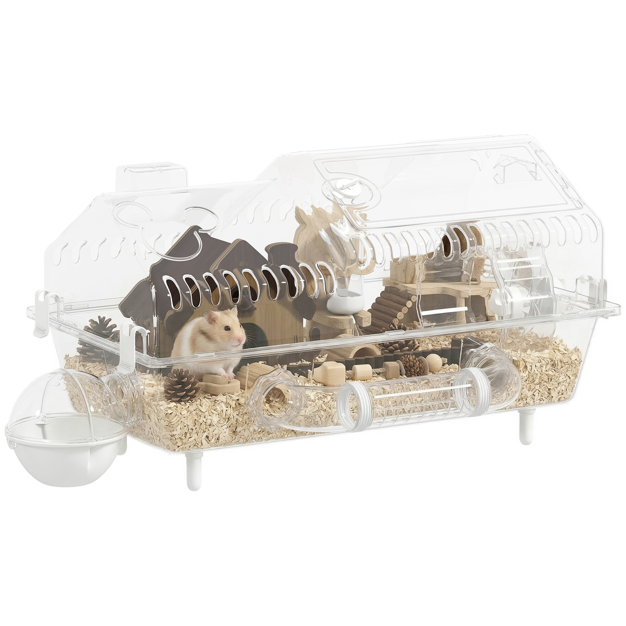 Hamster Cage with Large Wheel & Hideout, Small Animal Habitat with Accessories, Clear Pet House, 21.5
