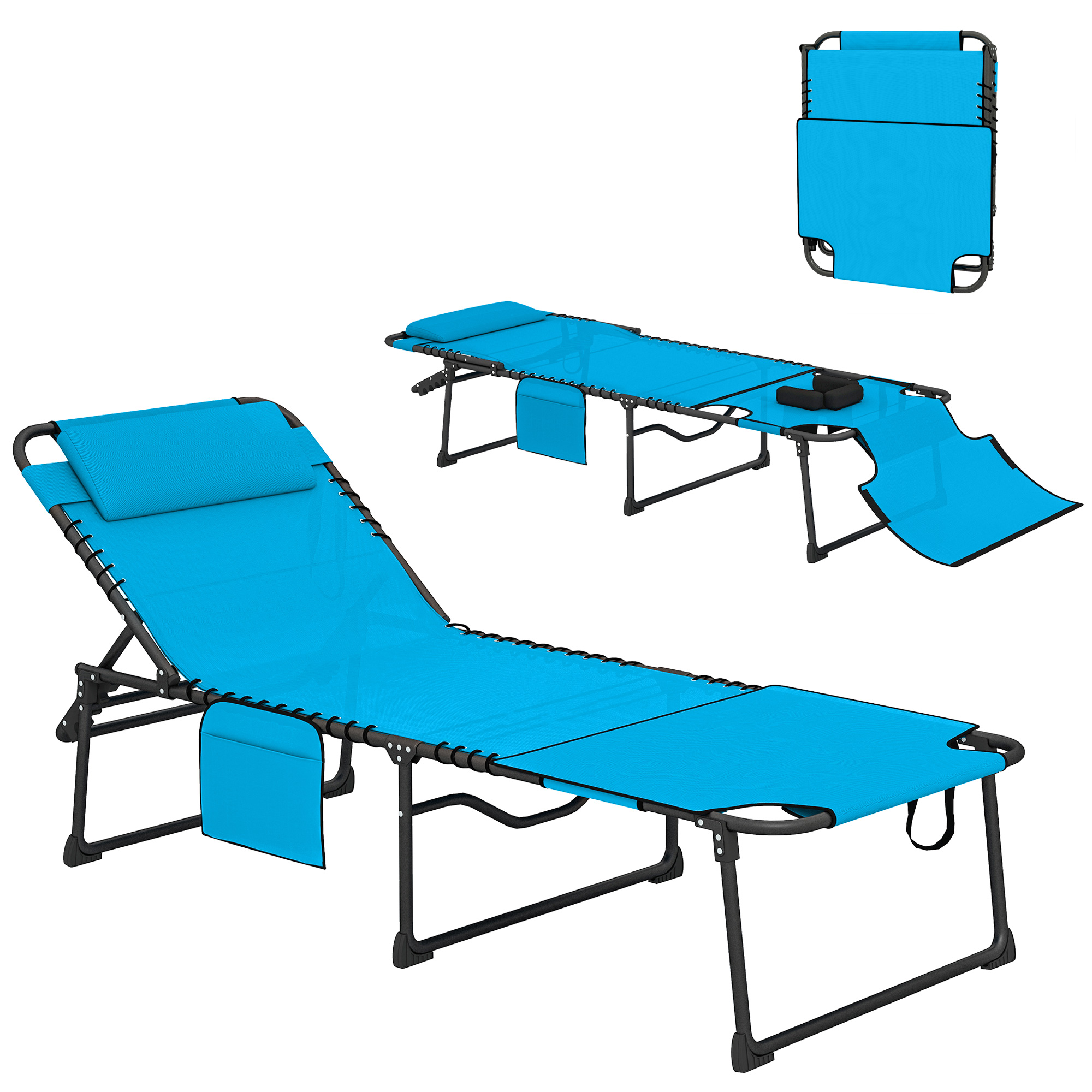 Folding Chaise Tanning Lounge Chair w/ 5-level Reclining Back, Reading Hole, Side Pocket, Headrest, Blue (Drop Shipping Only, Not for Amazon)