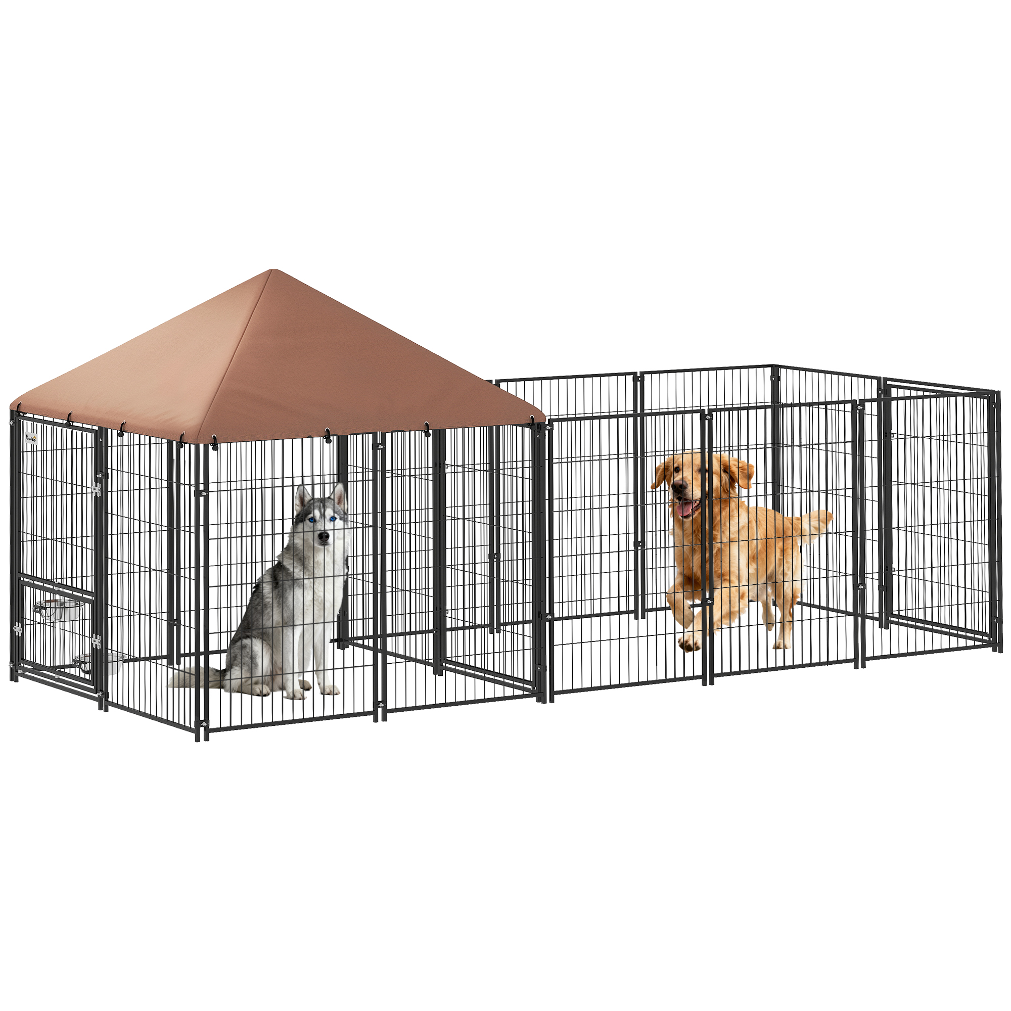 Large Outdoor Dog Kennel with Rotating & Adjustable Height Bowls, Waterproof & UV-Resistant Canopy, 11.3' x 4.7' x 5.1' (Drop Shipping Only, Not for Amazon)