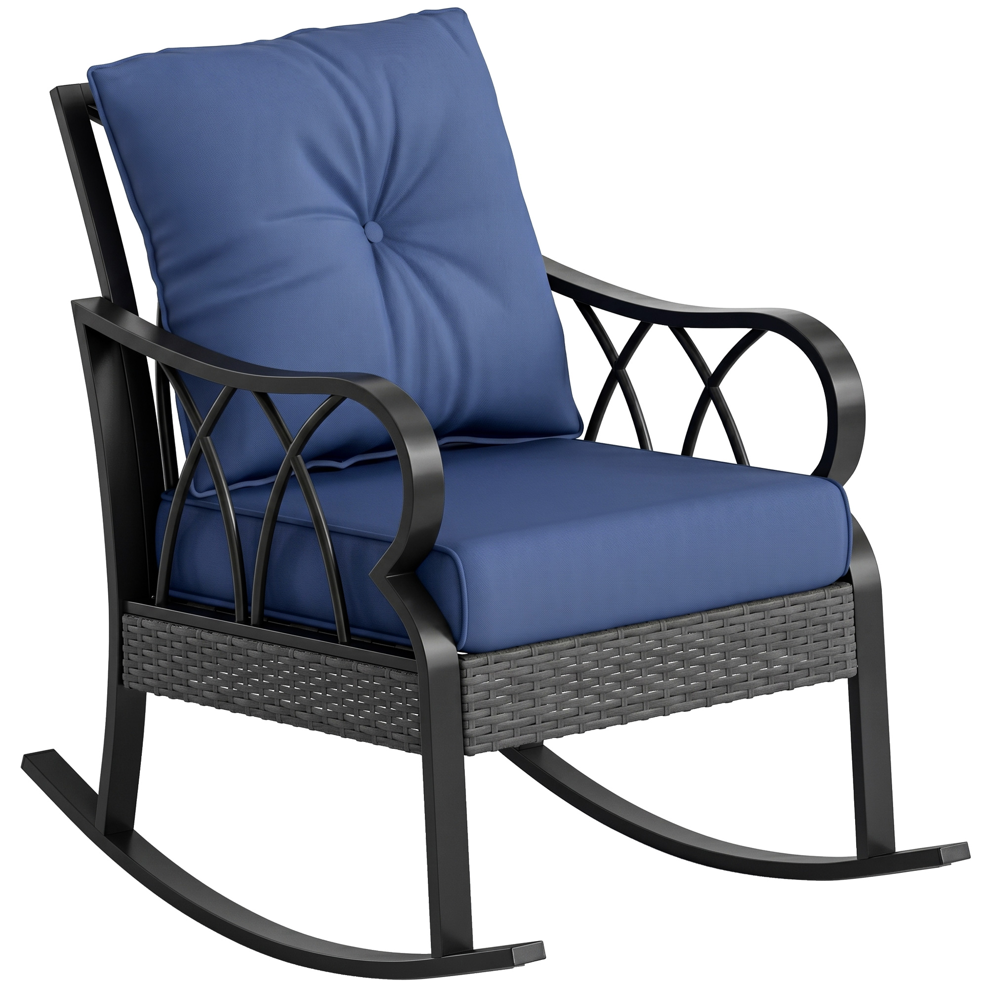 Outdoor Wicker Rocking Chair with Padded Cushions, Aluminum Furniture, Rattan Porch Rocker Chair w/ Armrest, Navy Blue (Drop Shipping Only, Not for Amazon)