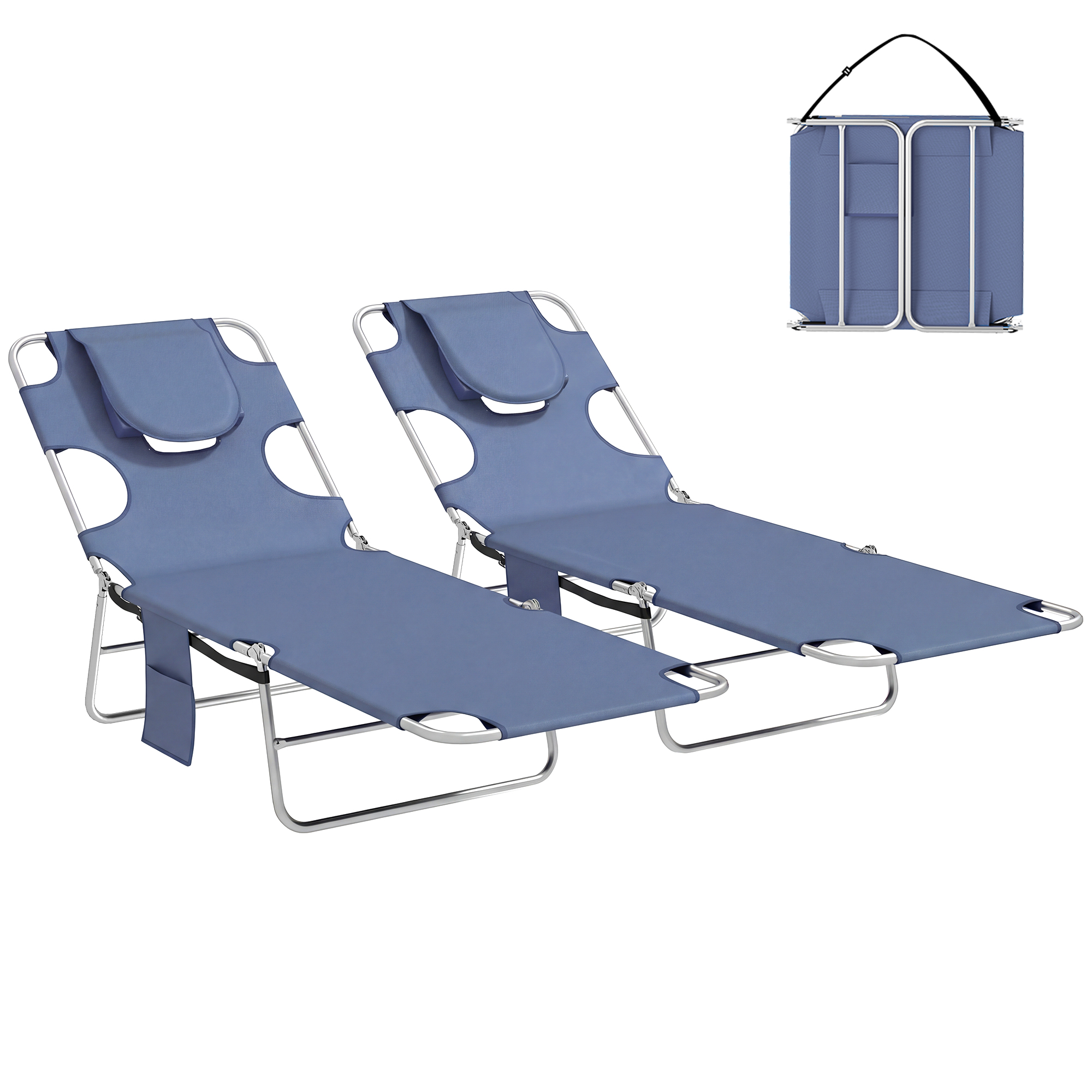 5-Position Adjustable Sun Loungers Set of 2 with Reading Hole and Side Pocket, Black (Drop Shipping Only, Not for Amazon)