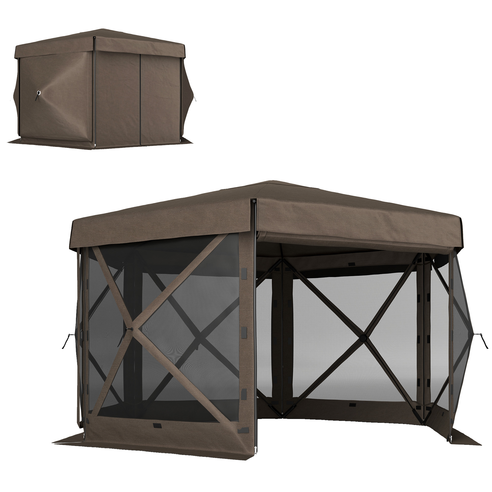 12' x 12' Hexagonal Pop Up Gazebo Canopy Tent with 5 Sidewalls, Outdoor Canopy Shelter with Carry Bag, Brown (Drop Shipping Only, Not for Amazon)