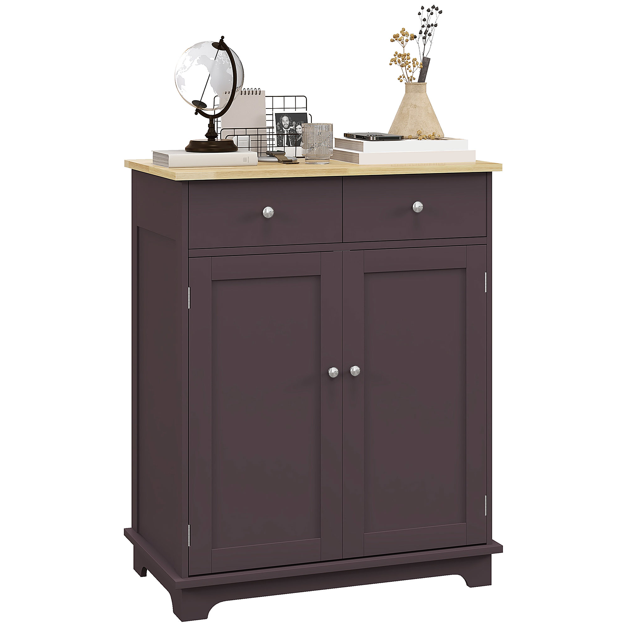 Kitchen Storage Cabinet, Sideboard Floor Cupboard with Solid Wood Top, Adjustable Shelf, and 2 Drawers, Coffee (Drop Shipping Only, Not for Amazon)