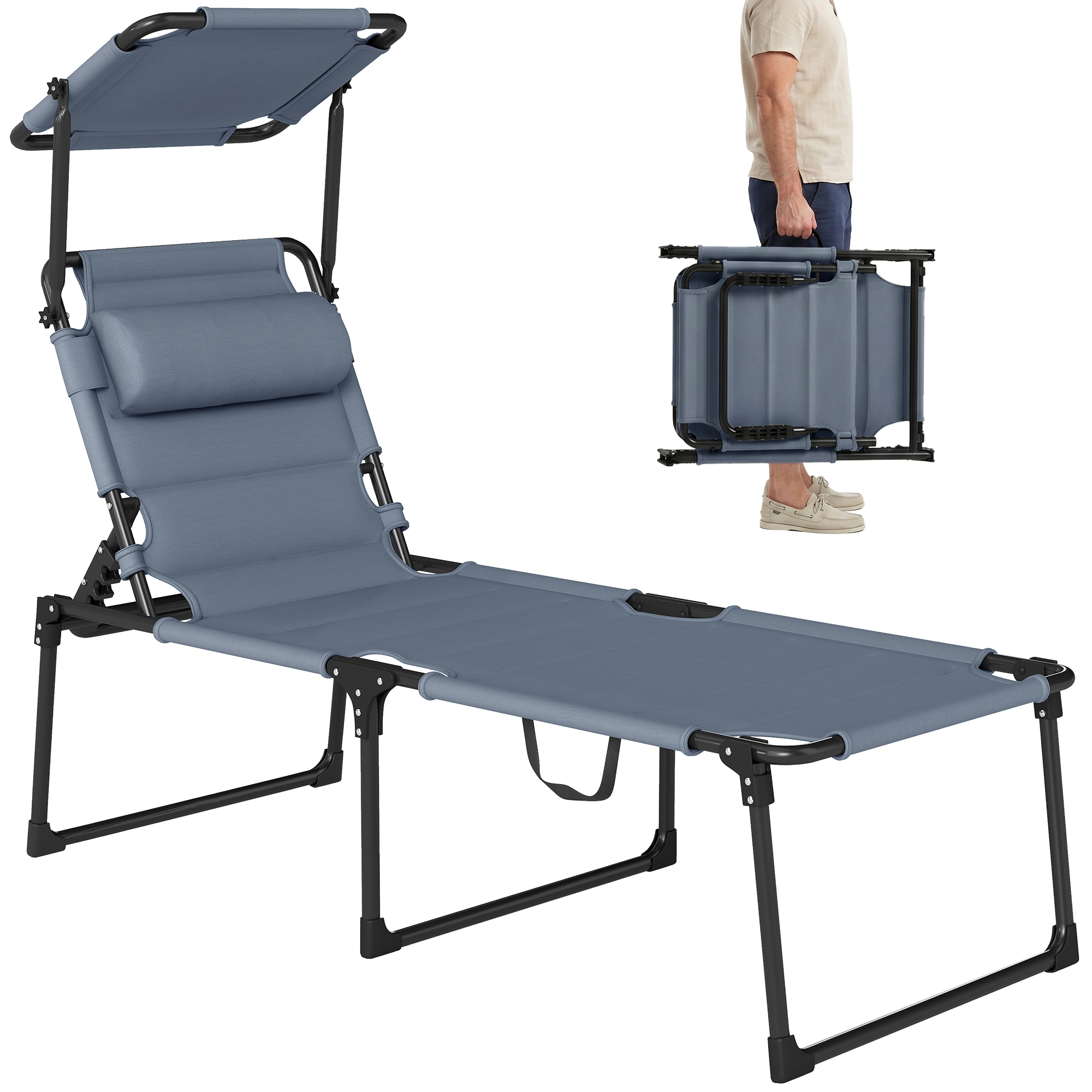 Outdoor Lounge Chair, 4 Position Adjustable Backrest, Folding, Cushioned w/ Sun Shade Roof & Pillow, Blue (Drop Shipping Only, Not for Amazon)